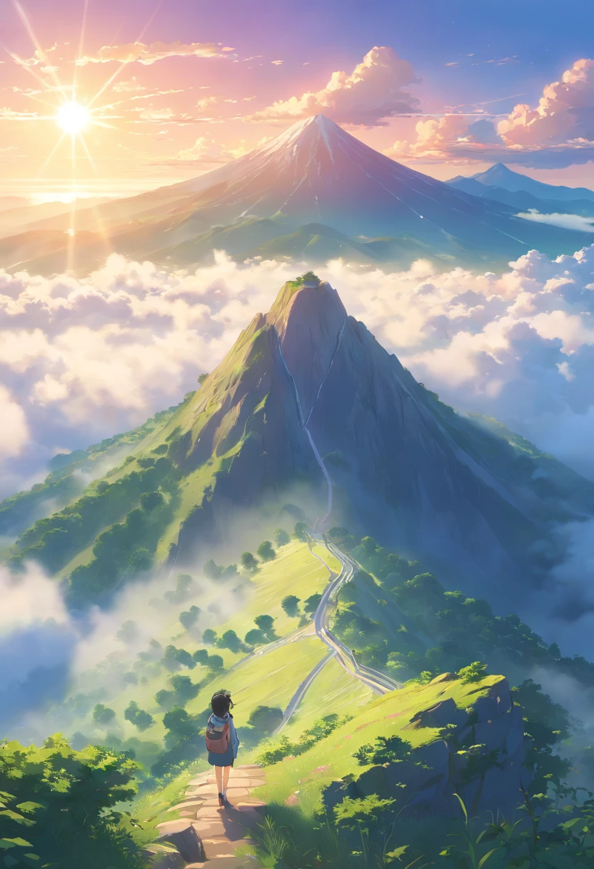arafed view of a mountain with a sun shining through the clouds, foggy volumetric light morning, volumetric clouds and fog, minecraft landscape, 8 k landscape render, volumetric light and mist, volumetric fog and haze, dense volumetric fog, volumetric fog, foggy volumetric lighting, natural shaders, volumetric fog and light