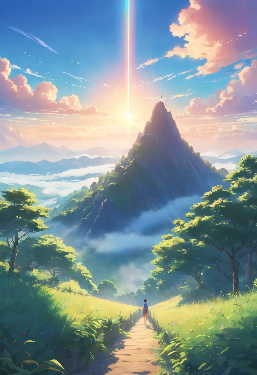 arafed view of a mountain with a sun shining through the clouds, foggy volumetric light morning, volumetric clouds and fog, minecraft landscape, 8 k landscape render, volumetric light and mist, volumetric fog and haze, dense volumetric fog, volumetric fog, foggy volumetric lighting, natural shaders, volumetric fog and light