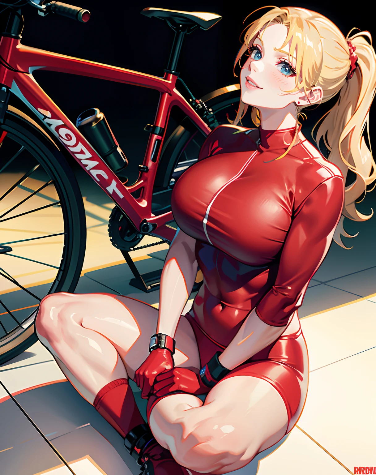 The woman sat on the floor next to a red motorcycle, Blonde ponytail, earring, huge tit, underboobs exposed, Crazy swollen breasts, Fitness model, Wear a red jumper, in spandex suit, sexy-s 100, Sporty, Red body, Very sweaty, nike cycling suit, Sexy girl, translucent sss,  Gorgeous lady, Sweaty, Smile brightly