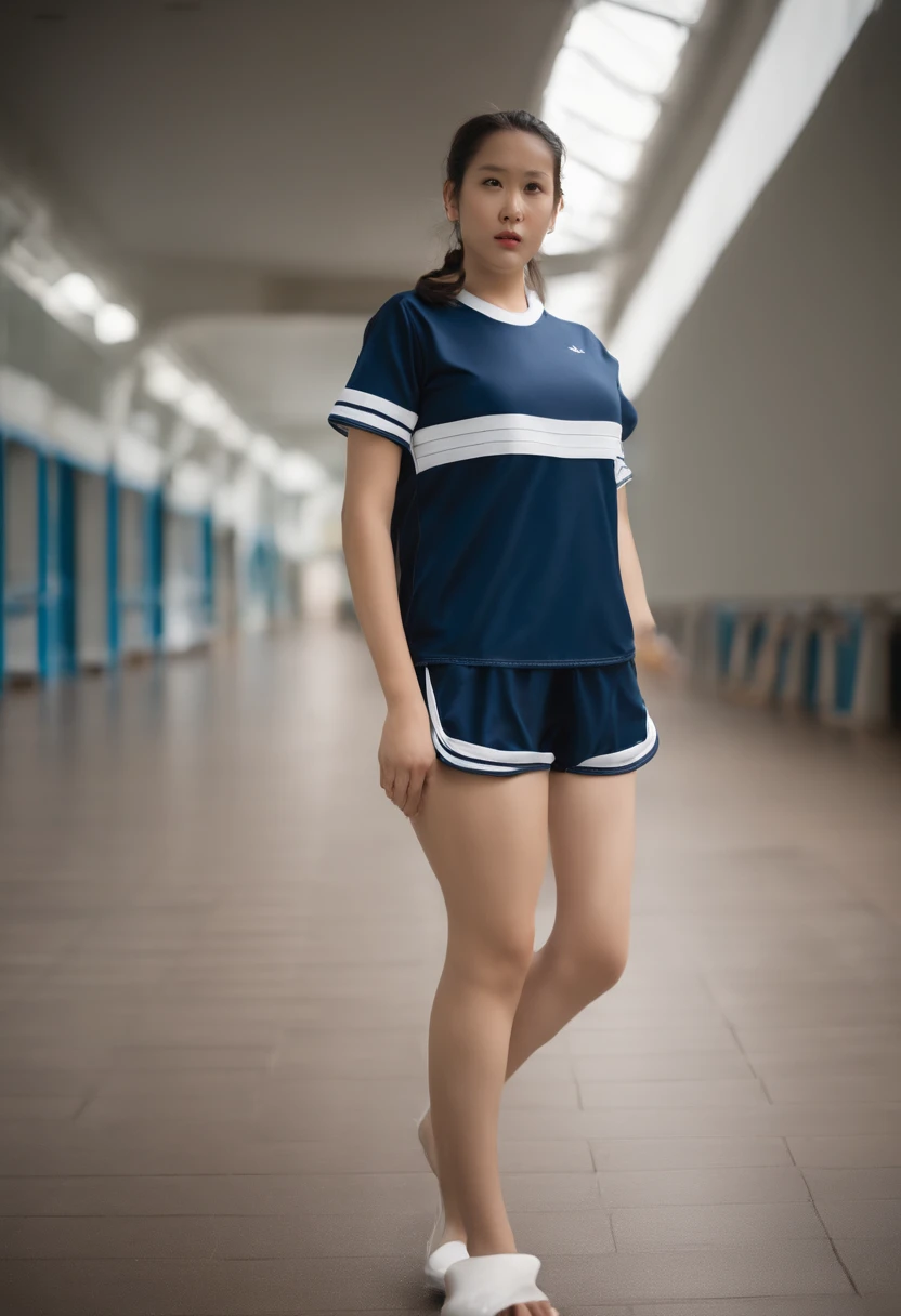 high school girl、(((White short-sleeved T-shirt on the upper body)))、((Long white gym clothes))、(((Very tight bloomerid rise bloomers)))、(((Navy Bloomers)))、(((Tuck the bottom of your gym clothes into your bloomers)))、Big Breasts、(((Schoolyard)))