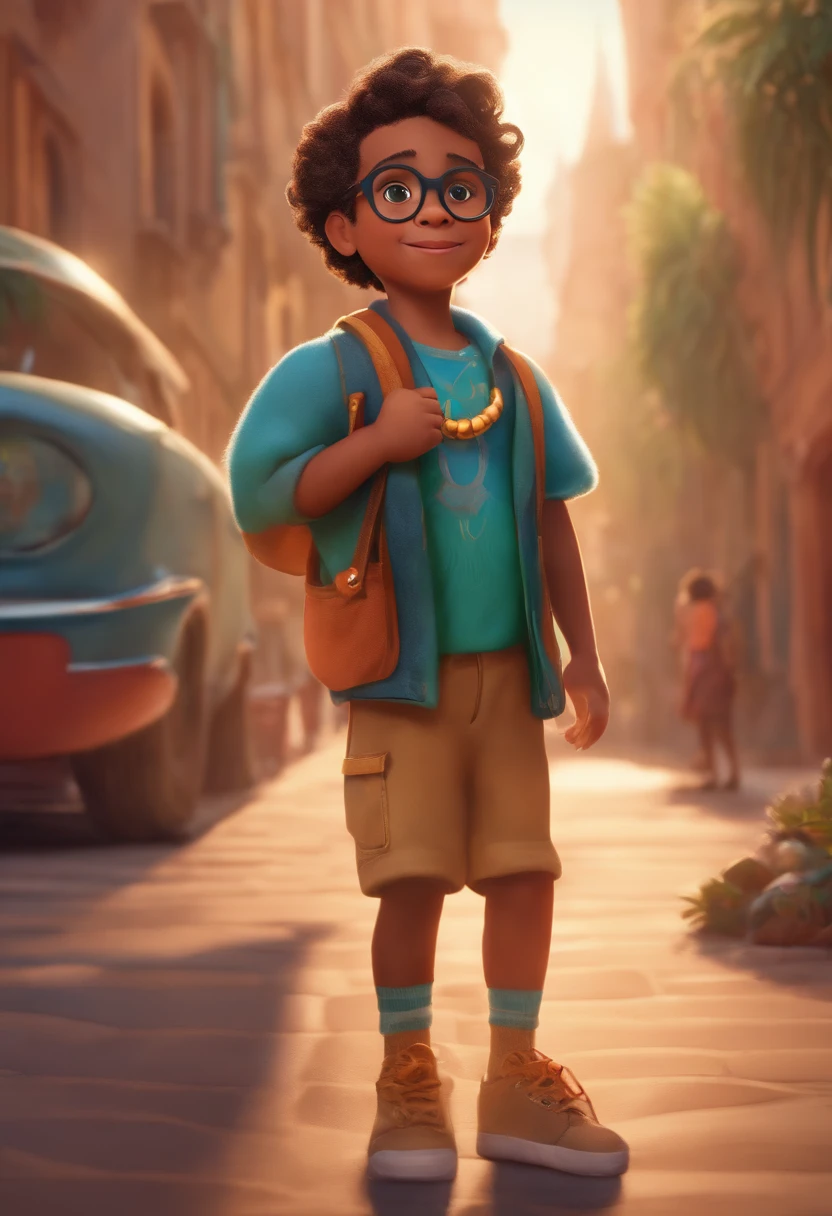 Image of a boy for a story in a YouTube video in Pixar format, He's the little allabester, He's the class leader, He's outgoing, Playful and gets up for a lot of things, cabelo curto e liso, gold cord, Clear Ray Ban Glasses.