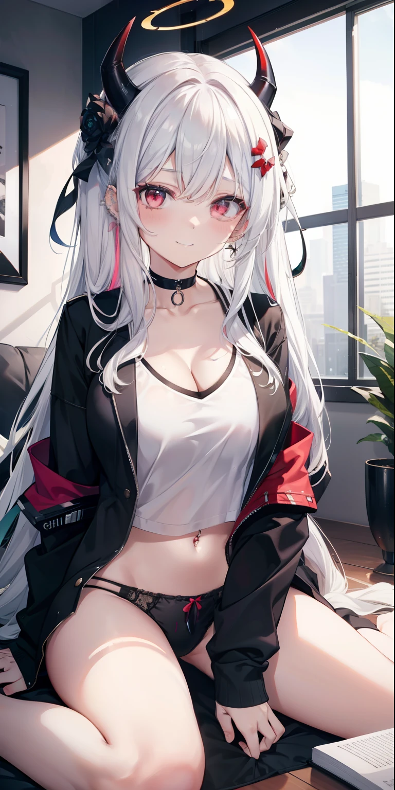 Human, 1girl, bangs, bare legs, black hair, black panties, breasts, choker, cleavage, closed mouth, demon horns, ear piercing, flower, halo, horns, indoors, kayoko \(blue archive\), long hair, long sleeves, looking at viewer, multicolored hair, navel, panties, piercing, red eyes, shirt, sitting, smile, solo, two-tone hair, underwear, vase, wariza, white hair, white shirt, win
