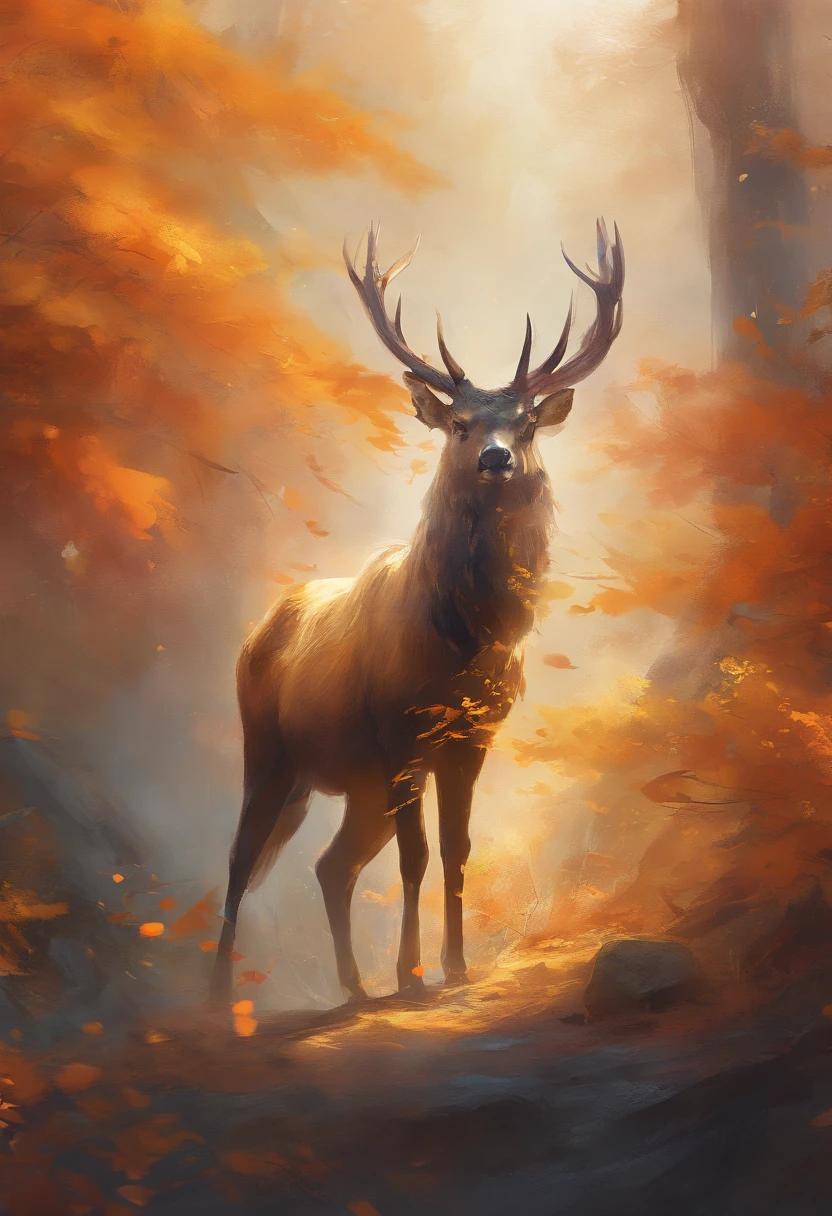 best quality,4k,8k,highres,masterpiece:1.2,ultra-detailed,realistic:1.37,vivid colors,bokeh,colorful,eye-catching,expressive,watercolor effect,detailed fur,antlers in vivid colors,elegant pose,majestic presence,nature-inspired,graceful,mysterious atmosphere,falling leaves,peaceful,serene,artistic expression,harmonious,soft brushstrokes,dynamic composition,impressive depth of field,blurred foreground and background,illuminated by golden sunlight,contrasting textures,calm and tranquil scenery,calming color palette,ethereal beauty