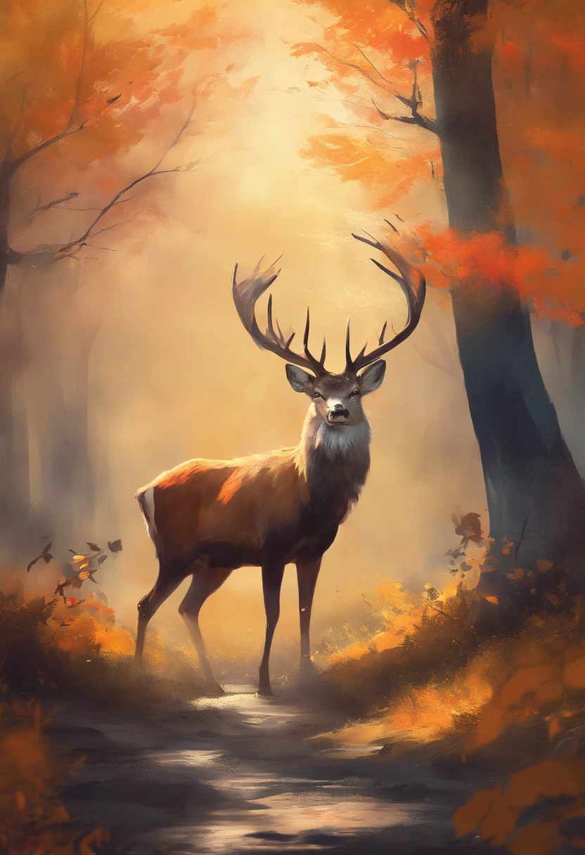 best quality,4k,8k,highres,masterpiece:1.2,ultra-detailed,realistic:1.37,vivid colors,bokeh,colorful,eye-catching,expressive,watercolor effect,detailed fur,antlers in vivid colors,elegant pose,majestic presence,nature-inspired,graceful,mysterious atmosphere,falling leaves,peaceful,serene,artistic expression,harmonious,soft brushstrokes,dynamic composition,impressive depth of field,blurred foreground and background,illuminated by golden sunlight,contrasting textures,calm and tranquil scenery,calming color palette,ethereal beauty