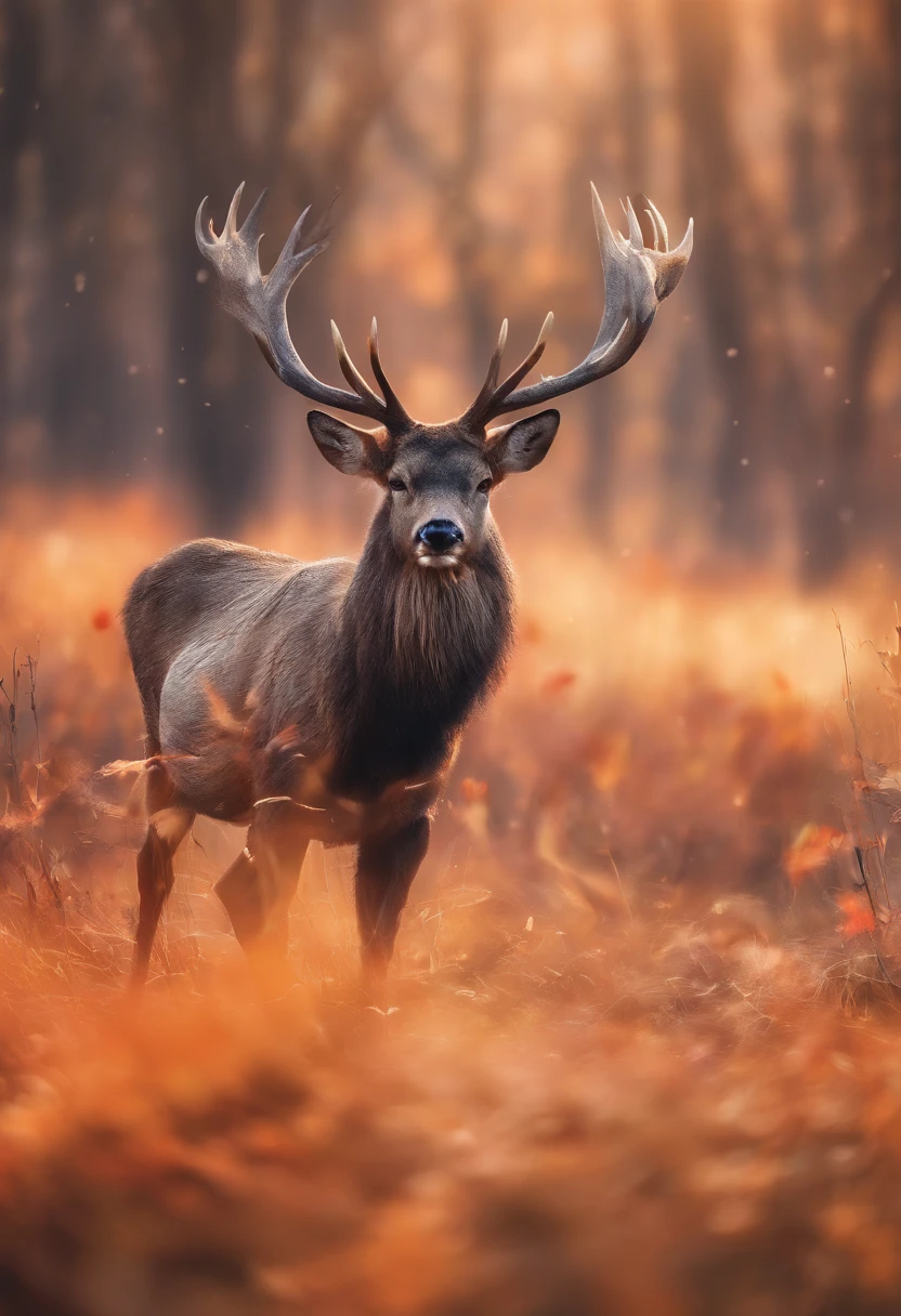 best quality,4k,8k,highres,masterpiece:1.2,ultra-detailed,realistic:1.37,vivid colors,bokeh,colorful,eye-catching,expressive,watercolor effect,detailed fur,antlers in vivid colors,elegant pose,majestic presence,nature-inspired,graceful,mysterious atmosphere,falling leaves,peaceful,serene,artistic expression,harmonious,soft brushstrokes,dynamic composition,impressive depth of field,blurred foreground and background,illuminated by golden sunlight,contrasting textures,calm and tranquil scenery,calming color palette,ethereal beauty
