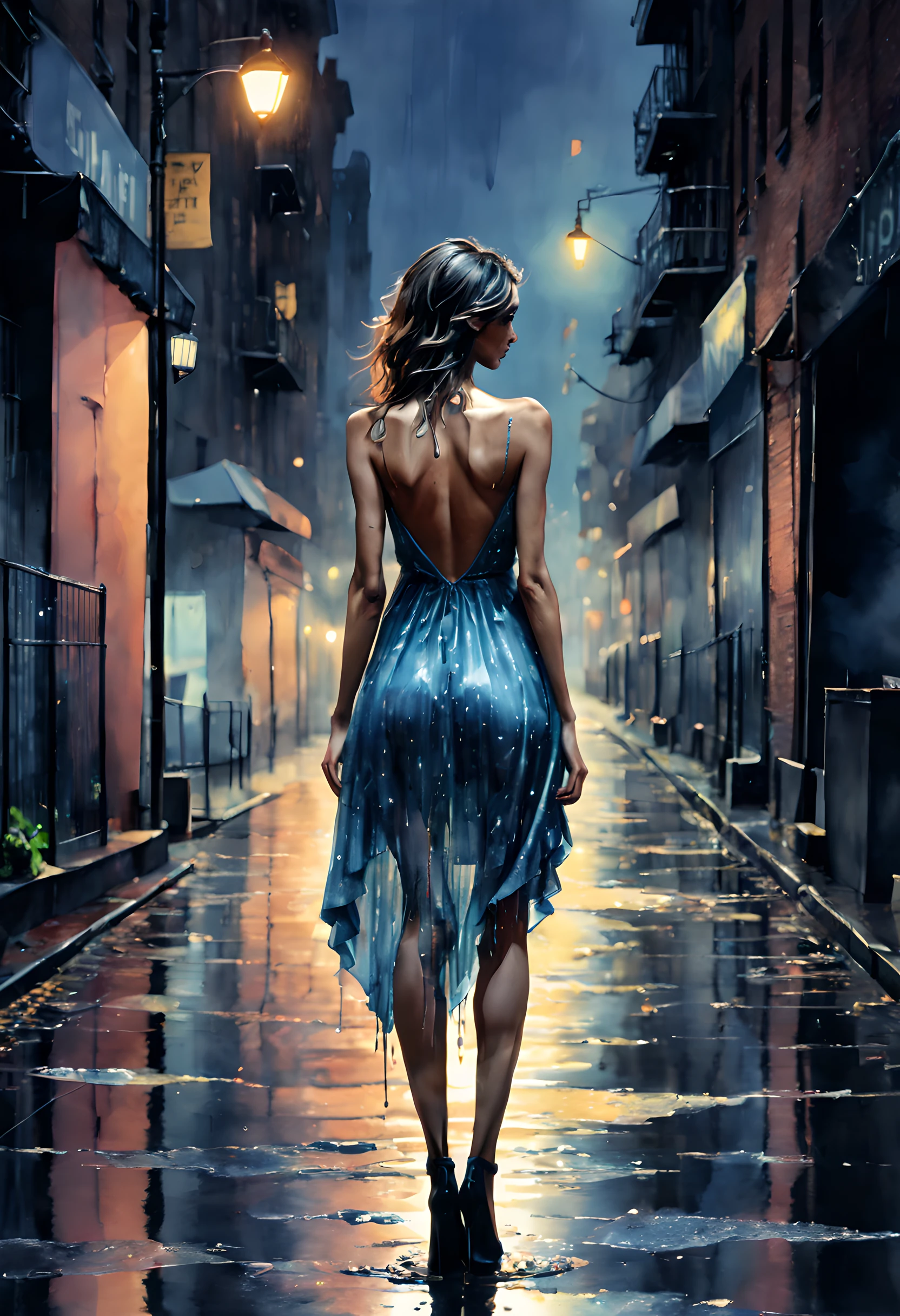 (rainy day:1.5), (ink and watercolor painting:1.5), (Tasteful:1.5), (ink and watercolor painting:1.5), (full color:1.5), 8k, 4k, (magic:1.5), (dripping paint;1.5), (night NY street:1.5), (1girl:1.3), solo, (wearing a dress:1.5), (slender:1.5), (model), (brazilian super model:1.5), (back shot:1.5), (full body:1.5),