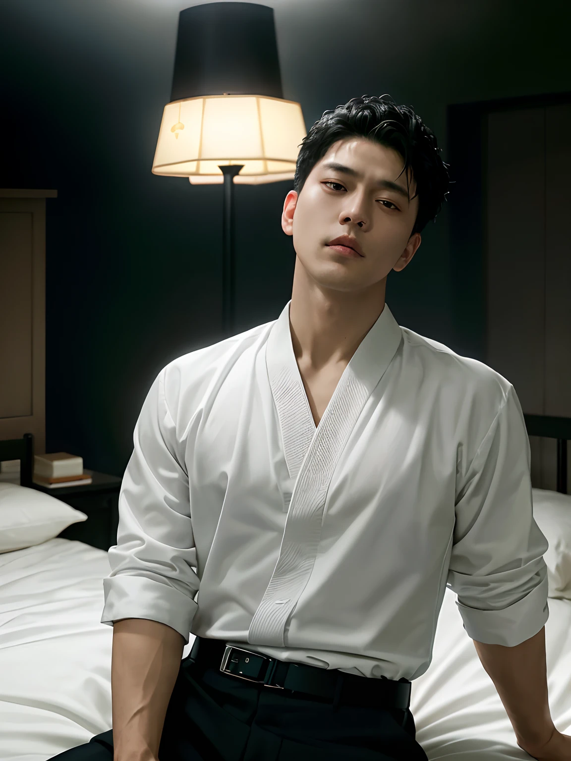 1man, toji fushiguro in jujutsu kaisen, black hair, black eyes, in a white shirt and black pants sitting on a bed, handsome, sfw, open v chest clothes, realistic, ultra detail ((Realistic lighting, Best quality, 8K, Masterpiece: 1.3)), Clear focus: 1.8, look at viewers