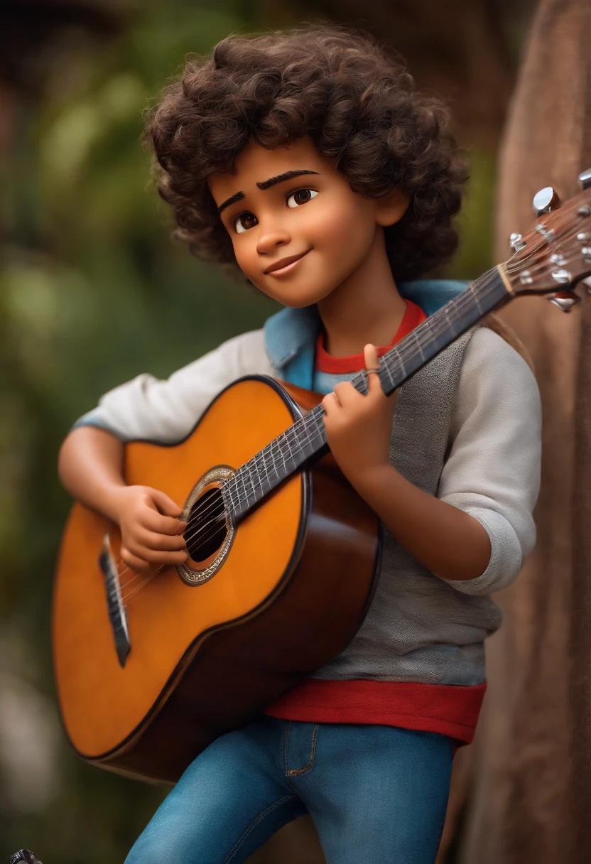 crie um banner no estilo Pixar. A boy with Indian features, moreno pardo com cabelos curtos, castanhos escuros, curly and slightly graying but youthful appearance, usando uma camiseta, Wearing jeans and holding a classical guitar with 7 strings.