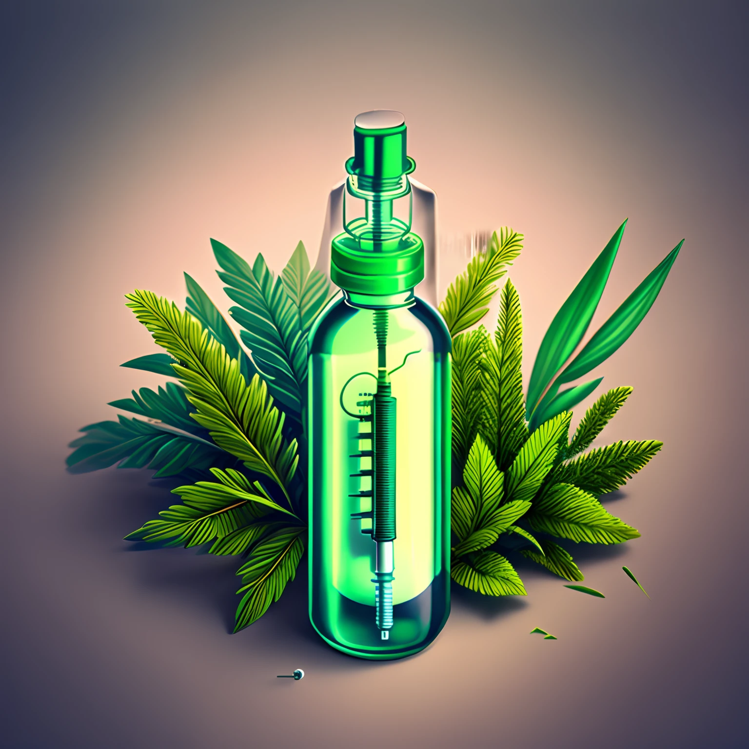 A syringe,Next to it are greenery
