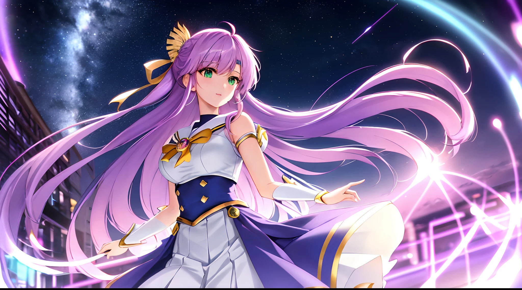 Athena with plain long light purple hair,hair between eyes,green eyes,rosy cheeks,full lips,thin eyebrows,slender body,wearing sailor moon uniform and full long skirt,cute anime girl,full body,rooftop,night sky nebulae in background,anime style,extremely deep depth of field,Lumen Reflections,Screen Space Reflections,Diffraction Grading,Chromatic Aberration,GB Displacement,Scan Lines,Ray Traced,Anti-Aliasing,FXAA,TXAA,RTX,SSAO,Shaders,OpenGL-Shaders, GLSL-Shaders,Post Processing,Post-Production,cell Shading,Tone Mapping,CGI,VFX,SFX,insanely detailed and intricate, 4K,standing, solo, masterpiece, best quality, detailed face, detailed eyes, highres, standing, solo,masterpiece, best quality