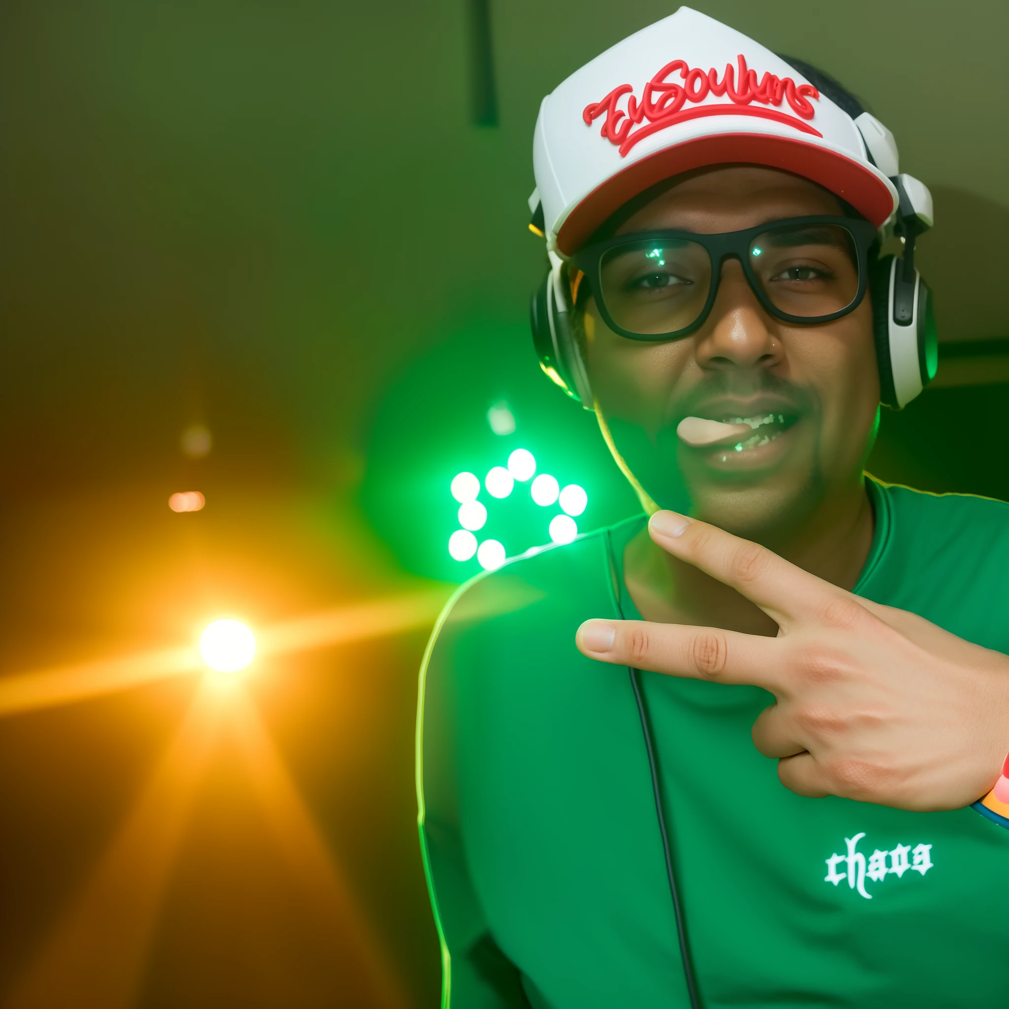 There's a man in a green shirt and headphones in a DJ booth, DJ em uma festa, DJ Sura, DJING com toca-discos DJ, Dr. Zeus, DJ, Tyler, o Criador, Turntablism DJ arranhando, muito consistente, Conjunto de DJ, alphonse muca, Retrato de Lucha Libre DJ, iluminado de cima, tjalf sparnaay, iluminado