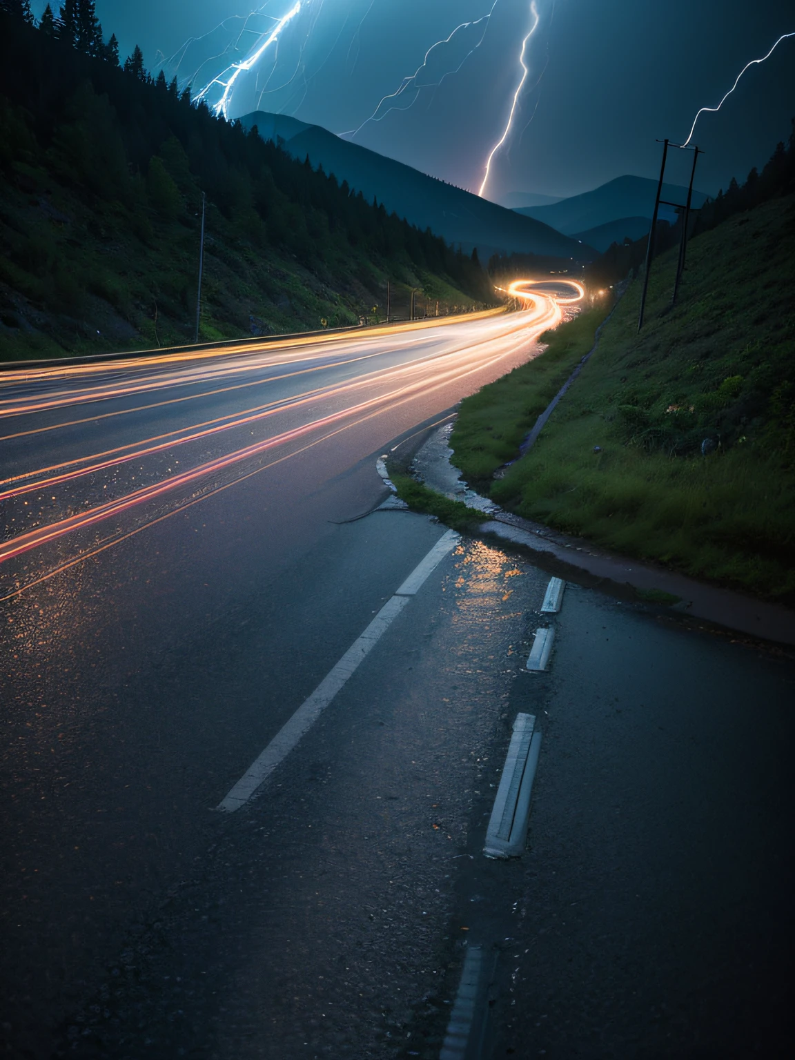 Rainy night, (light trail photography:1.5), (car taillights:1.5), 2 lightning strikes, (tail light line art), winding mountain road, A large amount of rainwater on the road surface, camera in manual mode, ND16 filter, F/8, ISO100, 150 seconds long exposure, complex, (Masterpiece), (Best Quality), (Ultra high Detailes)