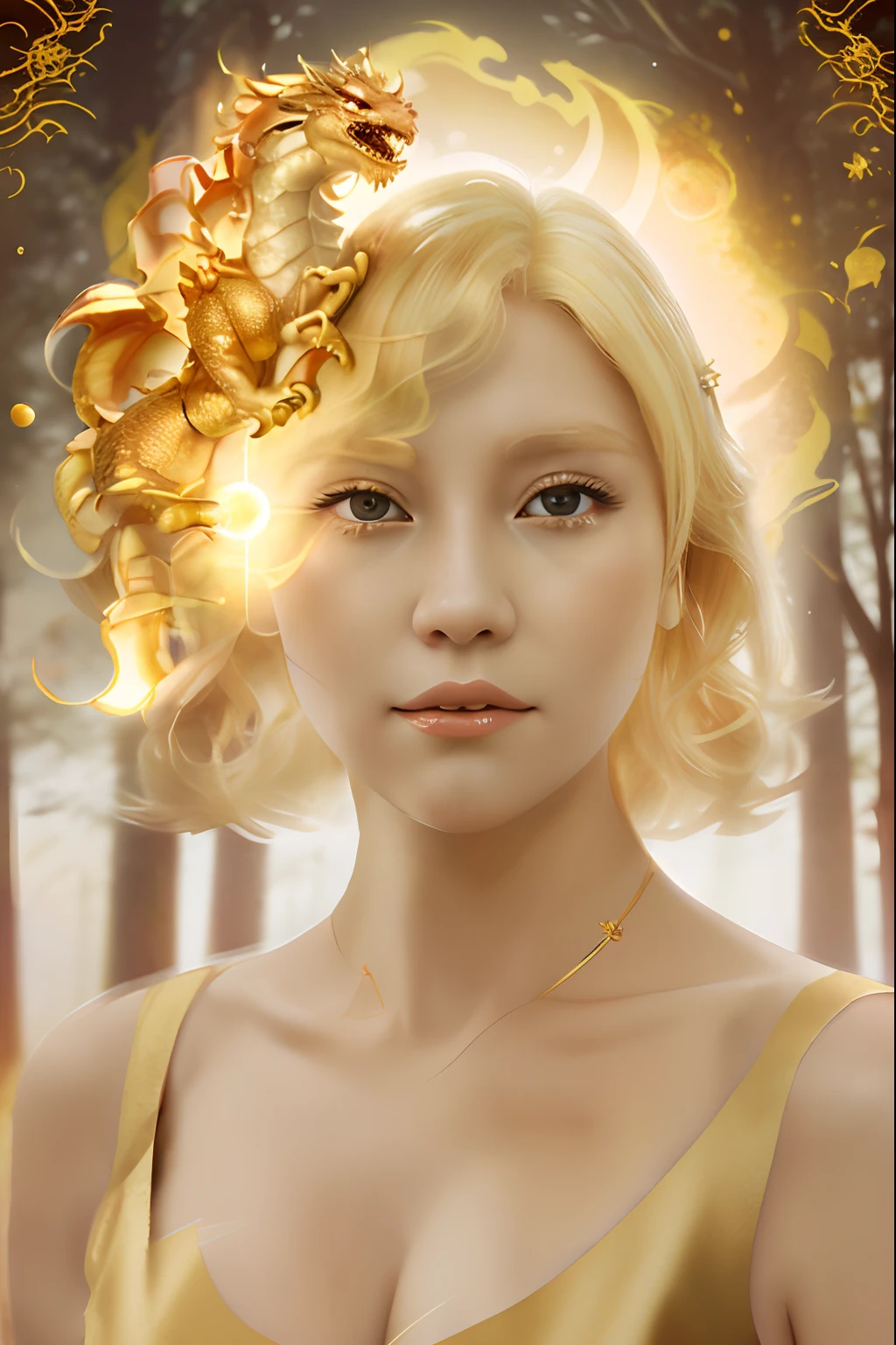 Princess (blonde hair, wearing a long dress, holding a magic wand), background (forest, moon), Chinese dragon (one, five-clawed golden dragon, two wings), princess riding a dragon