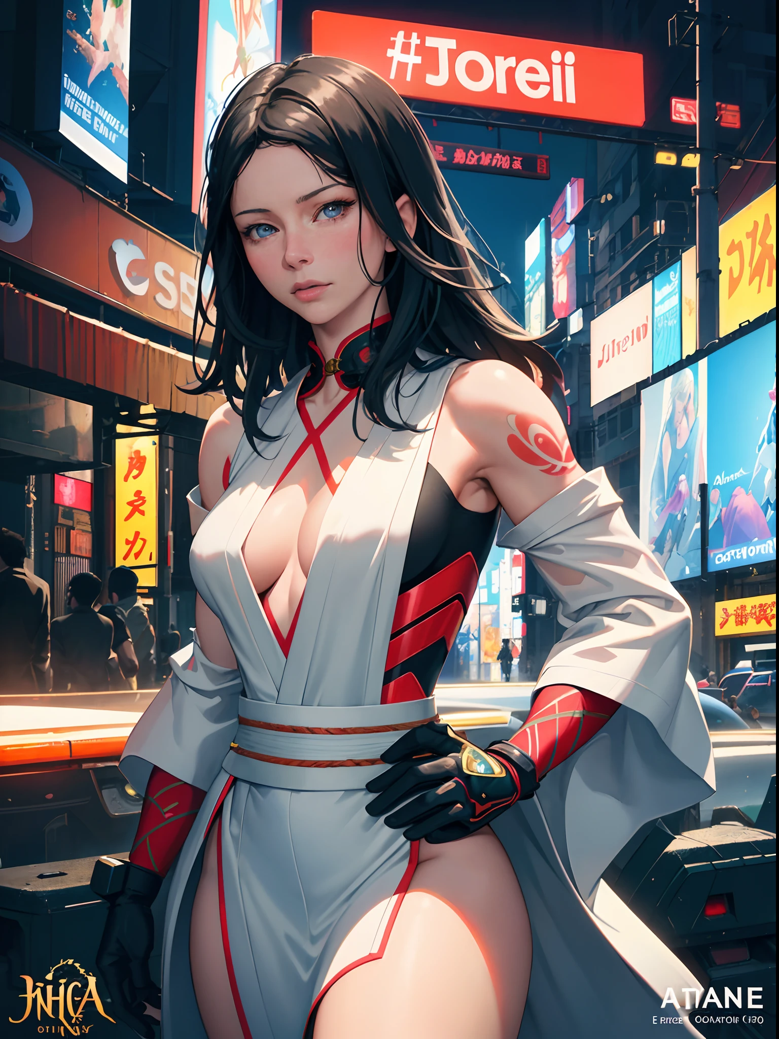 perfect artwork of John Blanche, (Jessica biel:Evangeline Lilly) short black hair, white open kimono, fully body tattoos, serious face, in action cinema pose looking in camera. Digital art. trending composition. vibrant side lighting, centered in a vibrant, technicolor cyberpunk detailed city landscape. night neon lighting. masterpiece, best quality, layered lighting, (1girl).