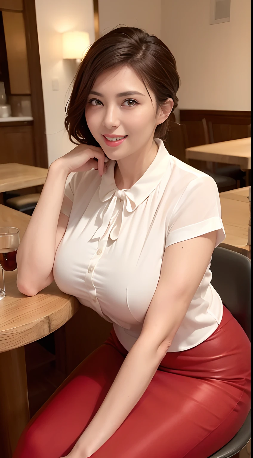 ((top-quality, 8k, ​masterpiece:1.3)), full bodyesbian, foco nítido:1.2, Beautiful woman with perfect body shape:1.4, Slender Abs:1.1, The background is the interior of a stylish café, ((short-cut, 爆乳:1.2)), (He wears a floral shirt with a white ribbon, She is wearing a red mermaid skirt, Huge breasts, Seductive cleavage, Slender and toned hips, Soft looking big buttocks, Sitting on a chair in a café and laughing while talking to viewers:1.2), Highly detailed facial and skin texture, A detailed eye, 二重まぶた, a 25yo woman, Mature woman, Laughing