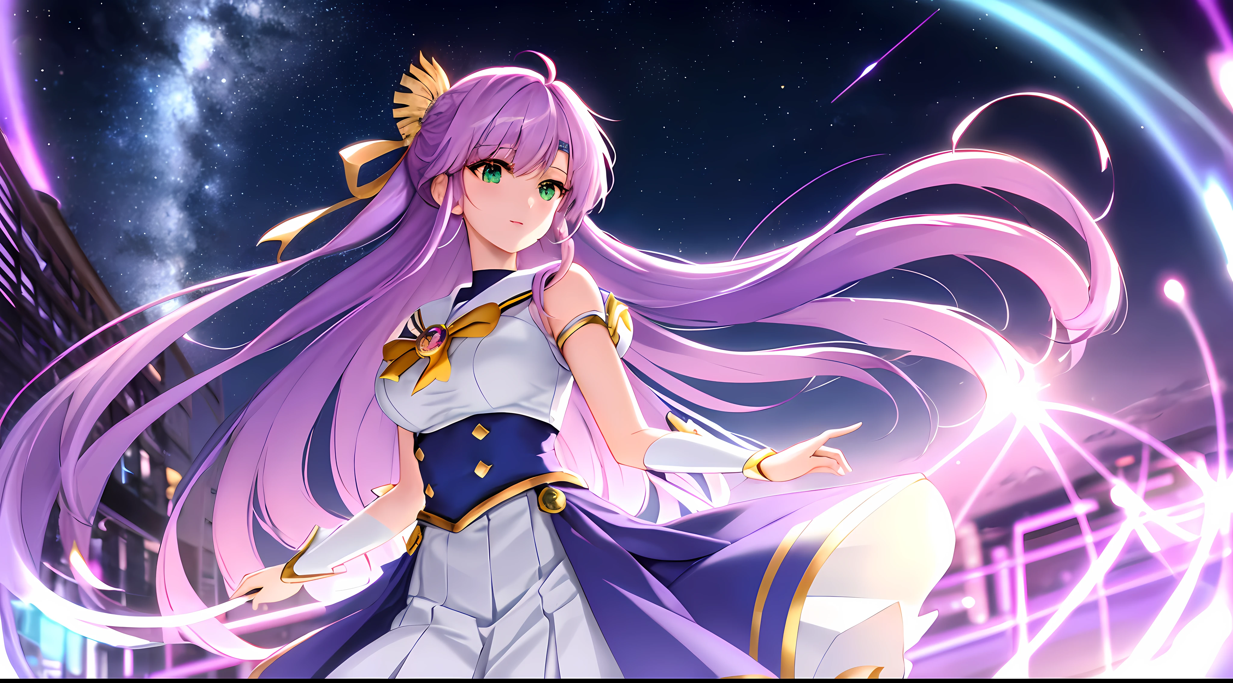 Athena with plain long light purple hair,hair between eyes,green eyes,rosy cheeks,full lips,thin eyebrows,slender body,wearing sailor moon uniform and full long skirt,cute anime girl,full body,rooftop,night sky nebulae in background,anime style,extremely deep depth of field,Lumen Reflections,Screen Space Reflections,Diffraction Grading,Chromatic Aberration,GB Displacement,Scan Lines,Ray Traced,Anti-Aliasing,FXAA,TXAA,RTX,SSAO,Shaders,OpenGL-Shaders, GLSL-Shaders,Post Processing,Post-Production,cell Shading,Tone Mapping,CGI,VFX,SFX,insanely detailed and intricate, 4K,standing, solo, masterpiece, best quality, detailed face, detailed eyes, highres, standing, solo,masterpiece, best quality