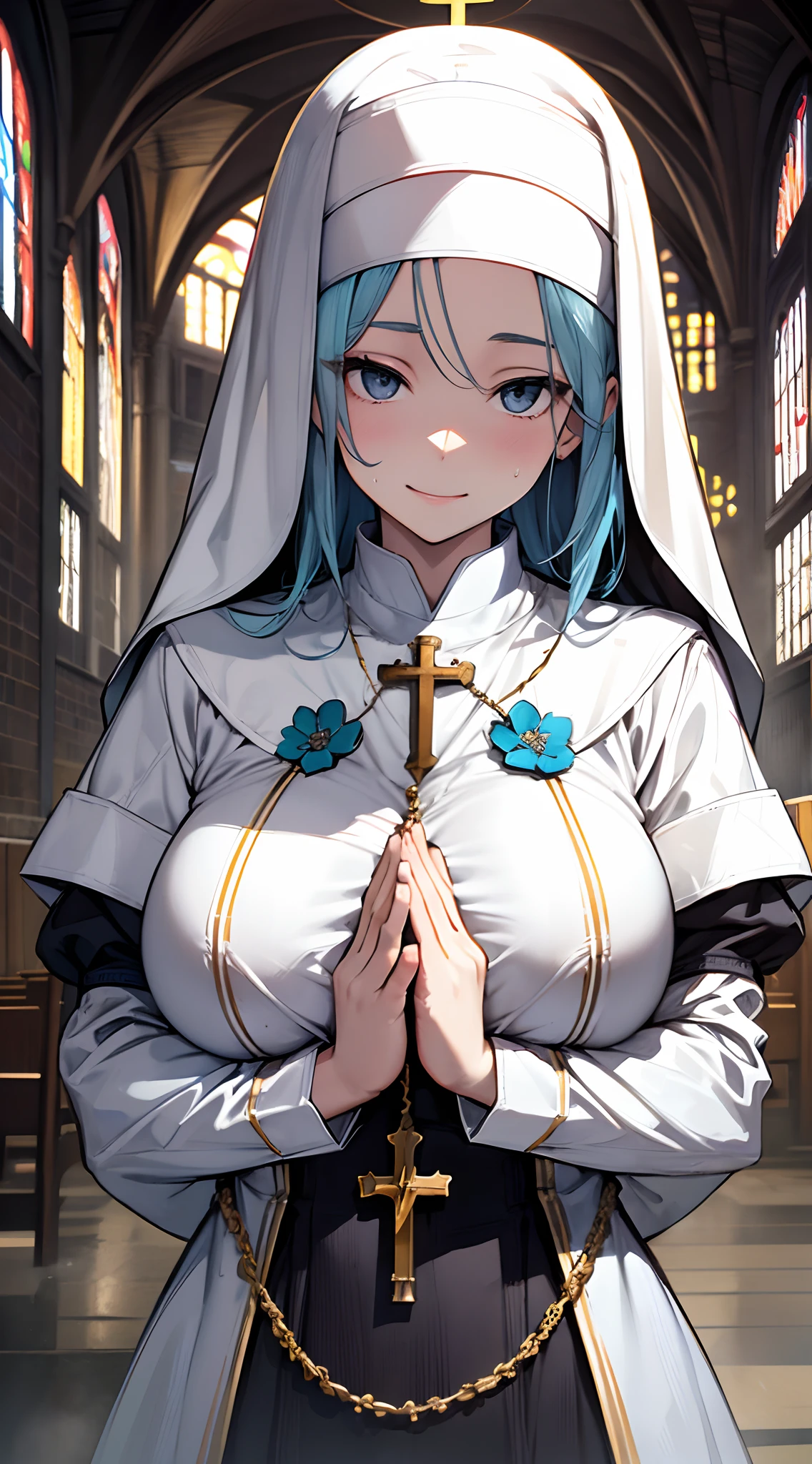 top-quality、supreme1People Girls,hightquality,, ((masuter piece)), ((High resolution)), ((Best Quality)), detail, (cum faced、Excited face.Very happy,), ((Skin shiny with sweat)), (White Nun Uniform:1.2)、 girl with, lightblue hair, (Straight、Bangs Patsun)、Fold your hands in front of your chest and pray:1.5、Kneel、fair white skin:1.3、、Colossal tits, cinmatic lighting, perfectly shaded,(((chapel))), Realistic lighting with shades,