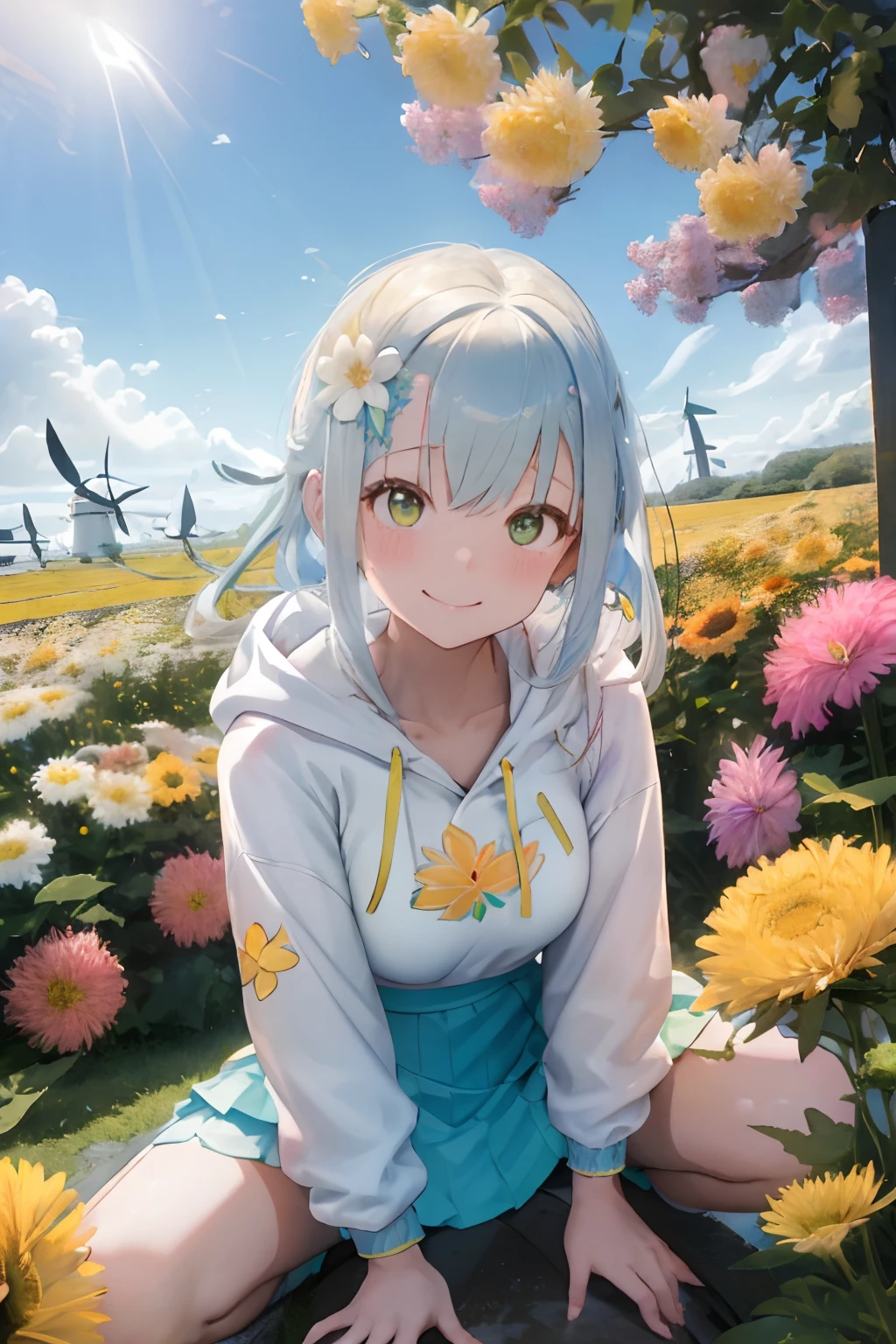 A woman sitting in a field of flowers with a bird flying overhead ...