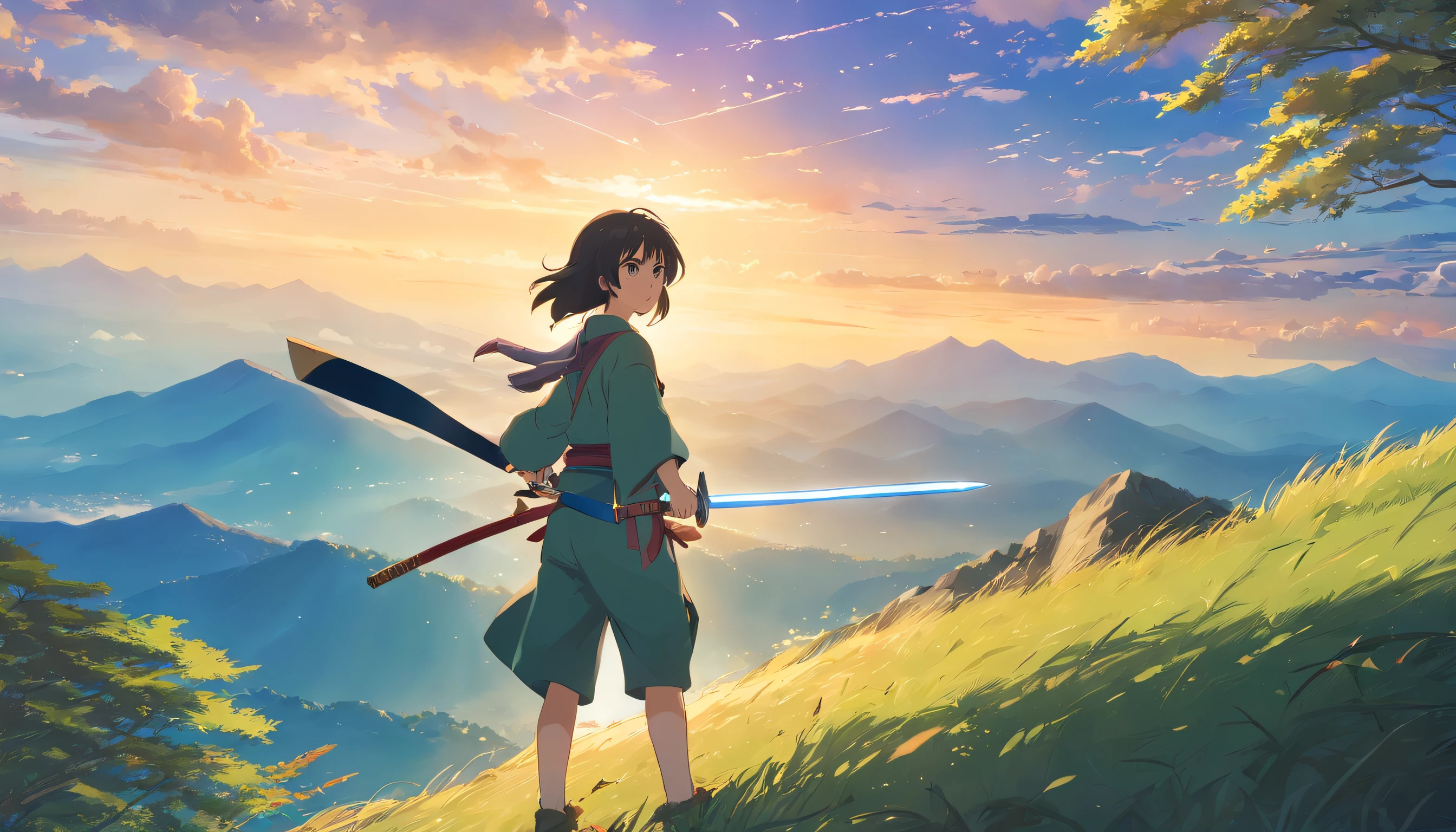 (artwork of a), (Masterpiece), (Detailed eyes), (Shading), (Extremely detailed CG 8k unity wallpapers), (Wit Studio Indirect Lighting), (Amazing drawing illustrations), (Best illustrative performance)Mountains as far as the eye can see，Shaded by trees，The sun shines on the top of the mountain。Young and brave swordsman，Stand on top of the mountain with passion and perseverance，He is practicing his swordsmanship，The sword light flickered，Long black hair fluttering in the wind