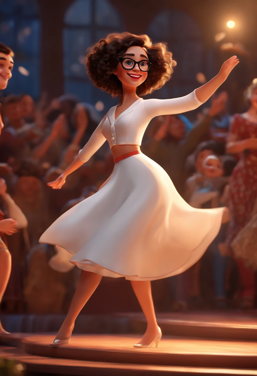 "(best quality,ultra-detailed,realistic:1.37),3D rendering,illustration,character design,short dark curly hair,beautiful detailed eyes,wearing white glasses,pixar style,morena woman,dancing on the Disney stage,lively atmosphere,vivid colors,stage lights,joyful expression"