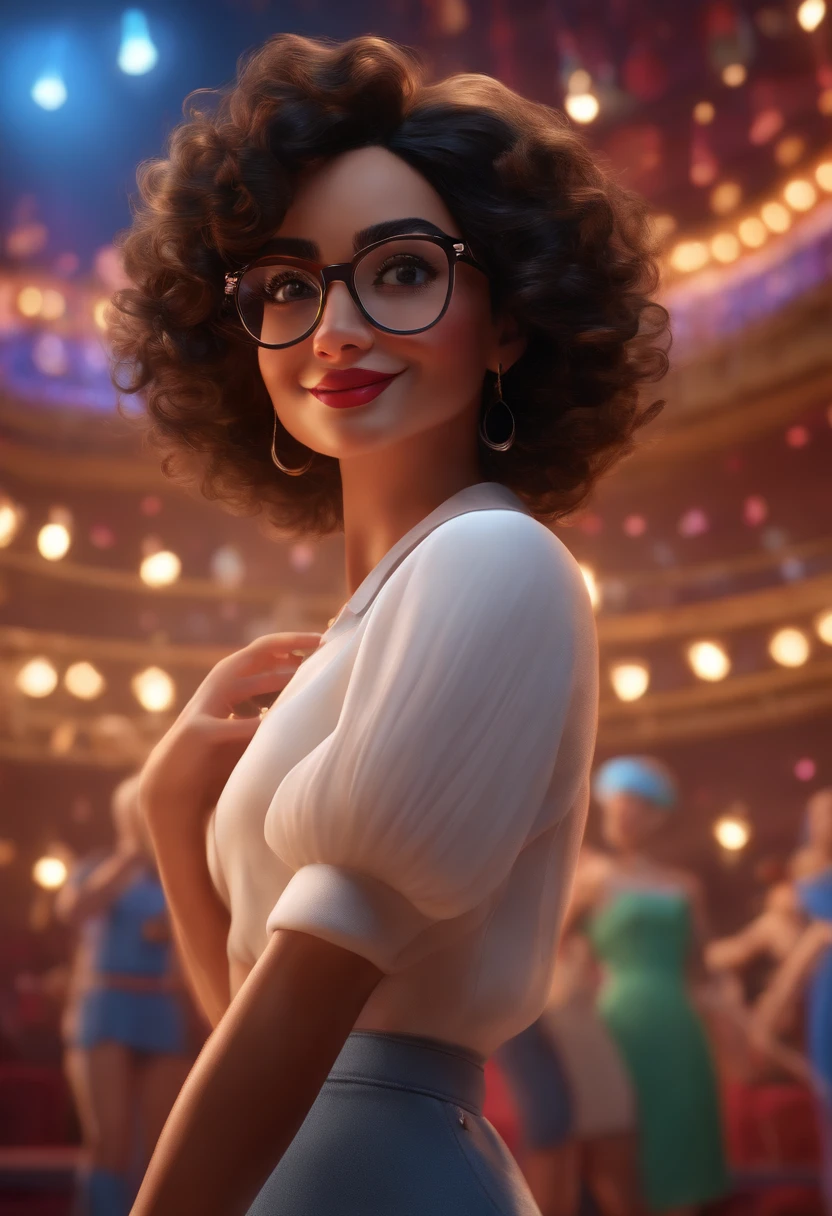 "(best quality,ultra-detailed,realistic:1.37),3D rendering,illustration,character design,short dark curly hair,beautiful detailed eyes,wearing white glasses,pixar style,morena woman,dancing on the Disney stage,lively atmosphere,vivid colors,stage lights,joyful expression"