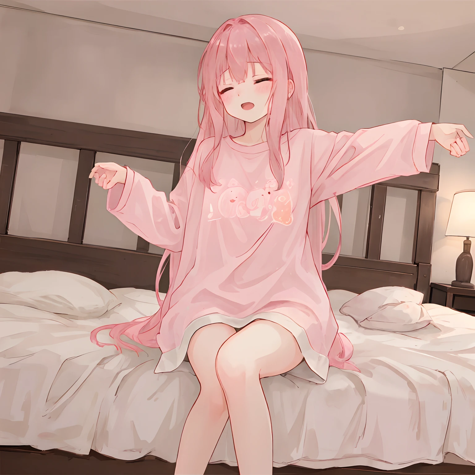 oversized_shirt, girl, yawning, wake up, stretching hands, closed eyes, open mouth, bed, long hair, beautiful, masterpiece, high quality, gentle light, soft color, sit on bed, pink tone room color, cute, adorable, small breast, Dutch angle