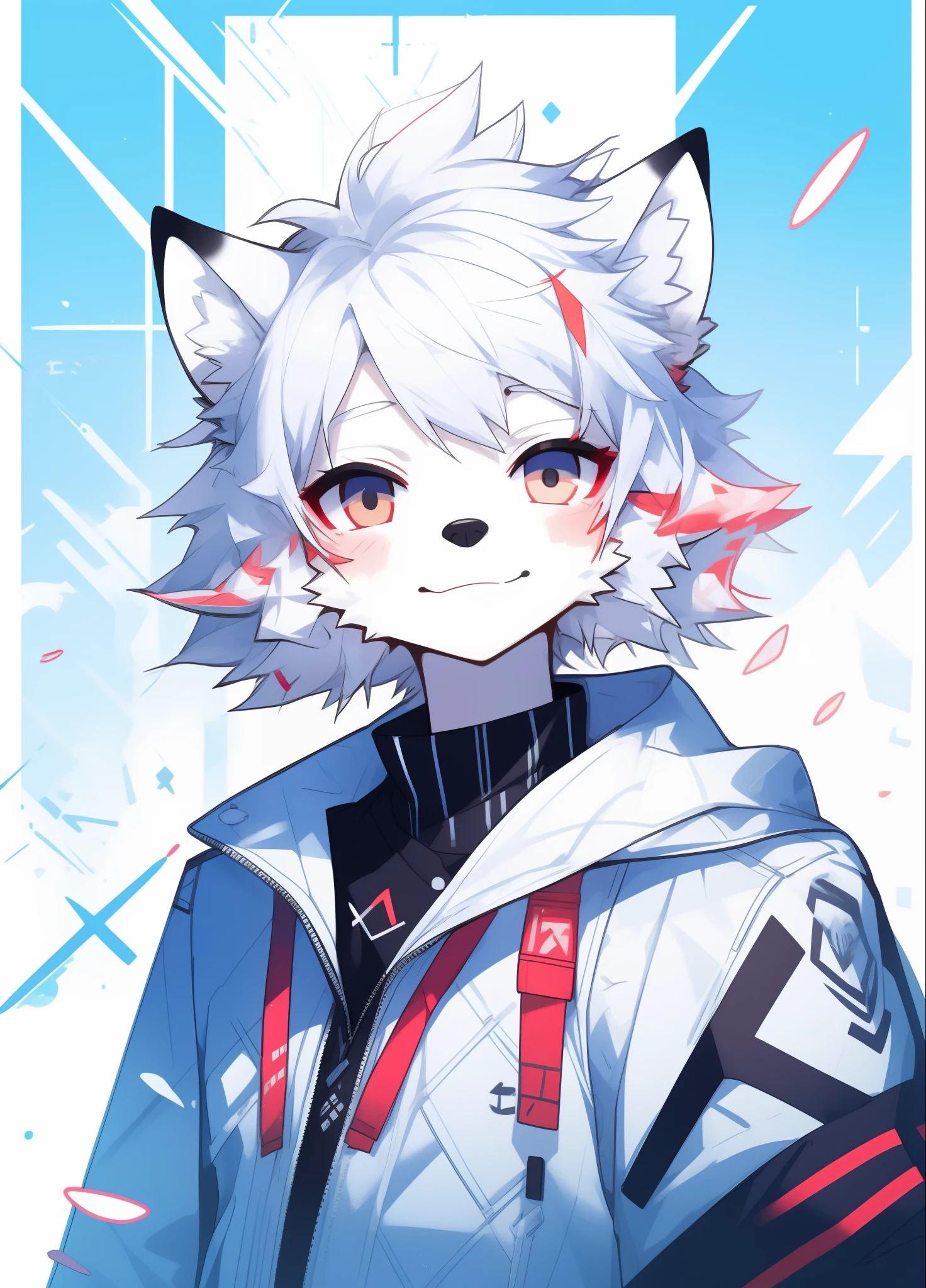 furry，solo person，head portrait，red fox，male，Silvery-white hair，Brightly colored outerwear，CG texture