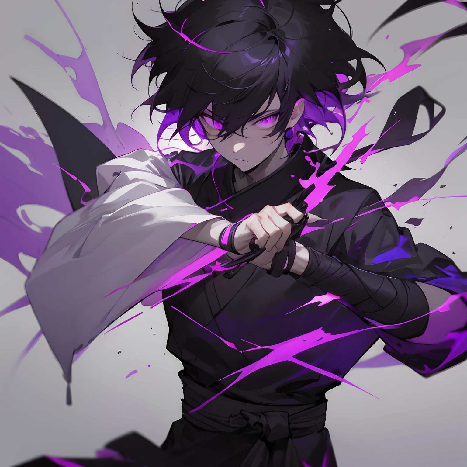Male, frizzy hair covering the eyes, short hair, purple-black hair, smiles and laughs hysterically. Wearing a black and white striped prison uniform with chains, going crazy in the forest.