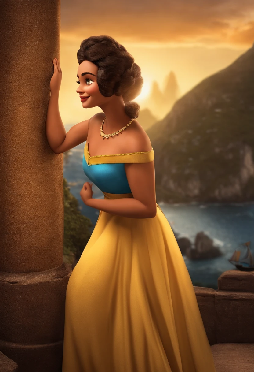 Imagem estilo Pixar com personagem 3D mulher morena cabelo ruivo cacheado curto caminhando com shitzu todo branquinho, Maquiagem Disney, bonitinha, sorridente, Close-up, Pixar, Disney, Cinema lighting, feliz. In the city of rio de janeiro long comfortable flowing yellow dress