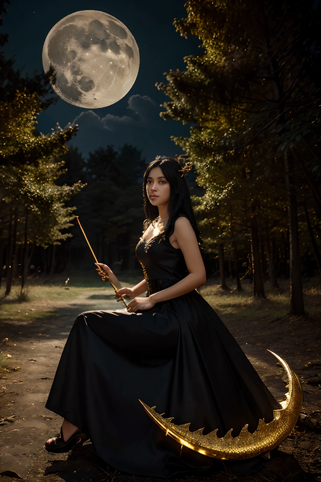 Princess (blackhair, wearing a long dress, holding a magic wand), background (forest, moon), Chinese dragon (one, five-clawed golden dragon, two wings), princess riding a dragon