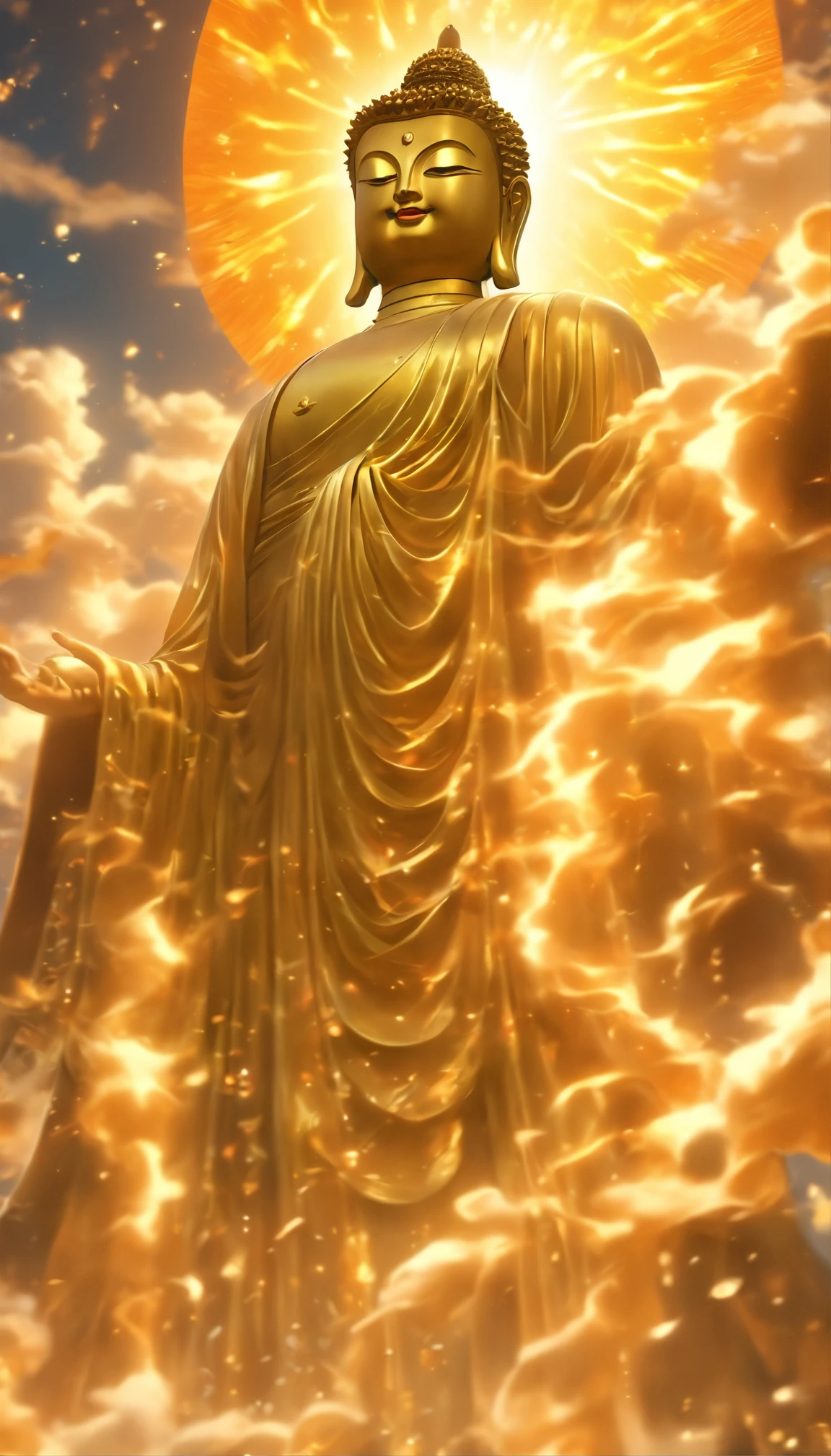 A huge golden Buddha statue soars into the sky,imposing,There are 32 stages in Buddhism,Length and ergonomic proportions of the cervical spine,,Pilgrims on the road,Light smile,Porcelain style,In the distance, Ultra-realistic realism, stereograms, Tachi-e, atmosphric perspective, hyperphotorealism, Cinematic lighting, God Light, super detailing, ccurate, Best Quality, masutepiece, 1.60,000, high detal, hight resolution, Awarded, super detailing, tre anatomically correct