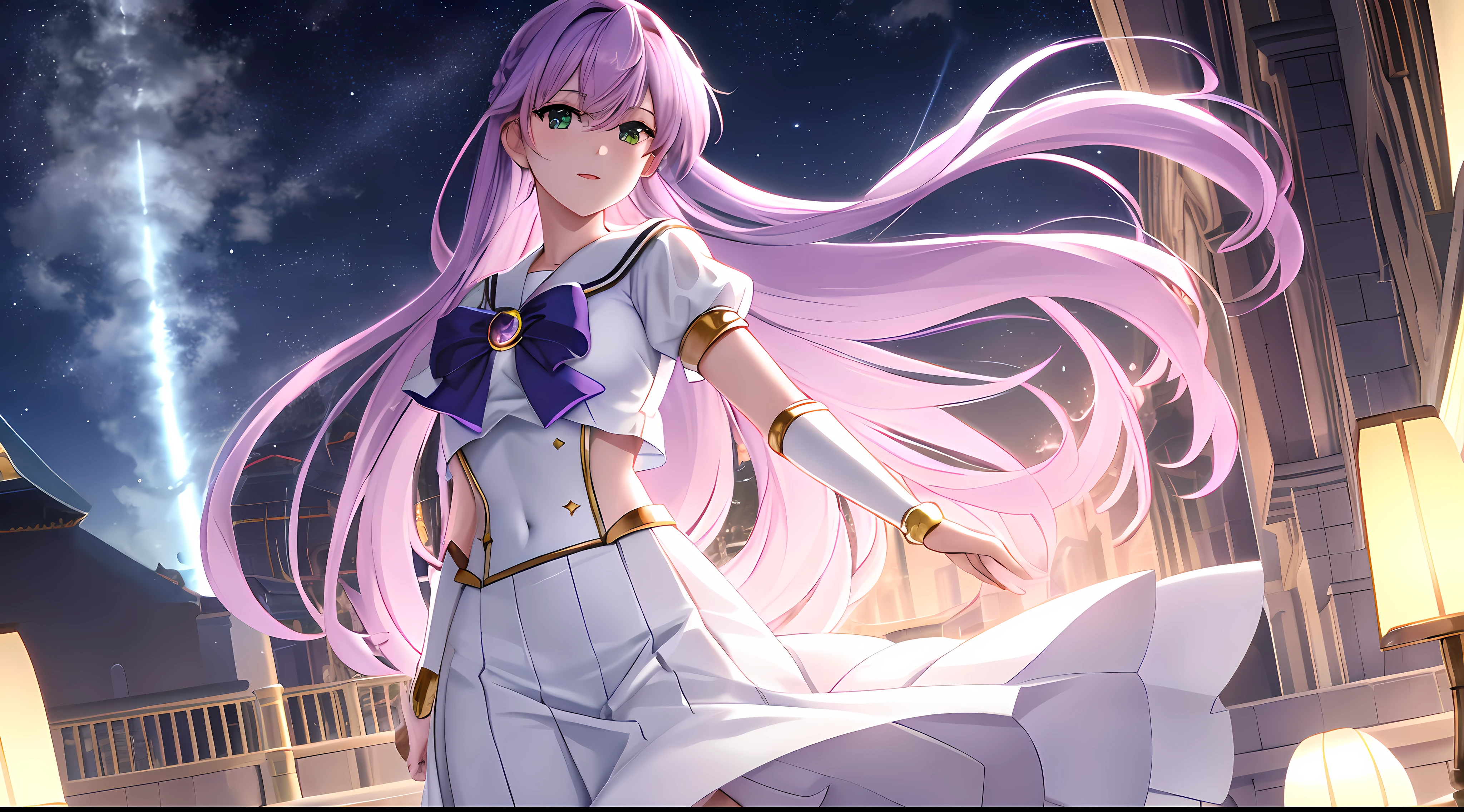 Athena with plain long light purple hair,hair between eyes,green eyes,rosy cheeks,full lips,thin eyebrows,slender body,wearing sailor moon uniform and full long skirt,cute anime girl,full body,castle rooftop,night sky nebulae in background,anime style,extremely deep depth of field,Lumen Reflections,Screen Space Reflections,Diffraction Grading,Chromatic Aberration,GB Displacement,Scan Lines,Ray Traced,Anti-Aliasing,FXAA,TXAA,RTX,SSAO,Shaders,OpenGL-Shaders, GLSL-Shaders,Post Processing,Post-Production,cell Shading,Tone Mapping,CGI,VFX,SFX,insanely detailed and intricate, 4K,standing, solo, masterpiece, best quality, detailed face, detailed eyes, highres, standing, solo,masterpiece, best quality