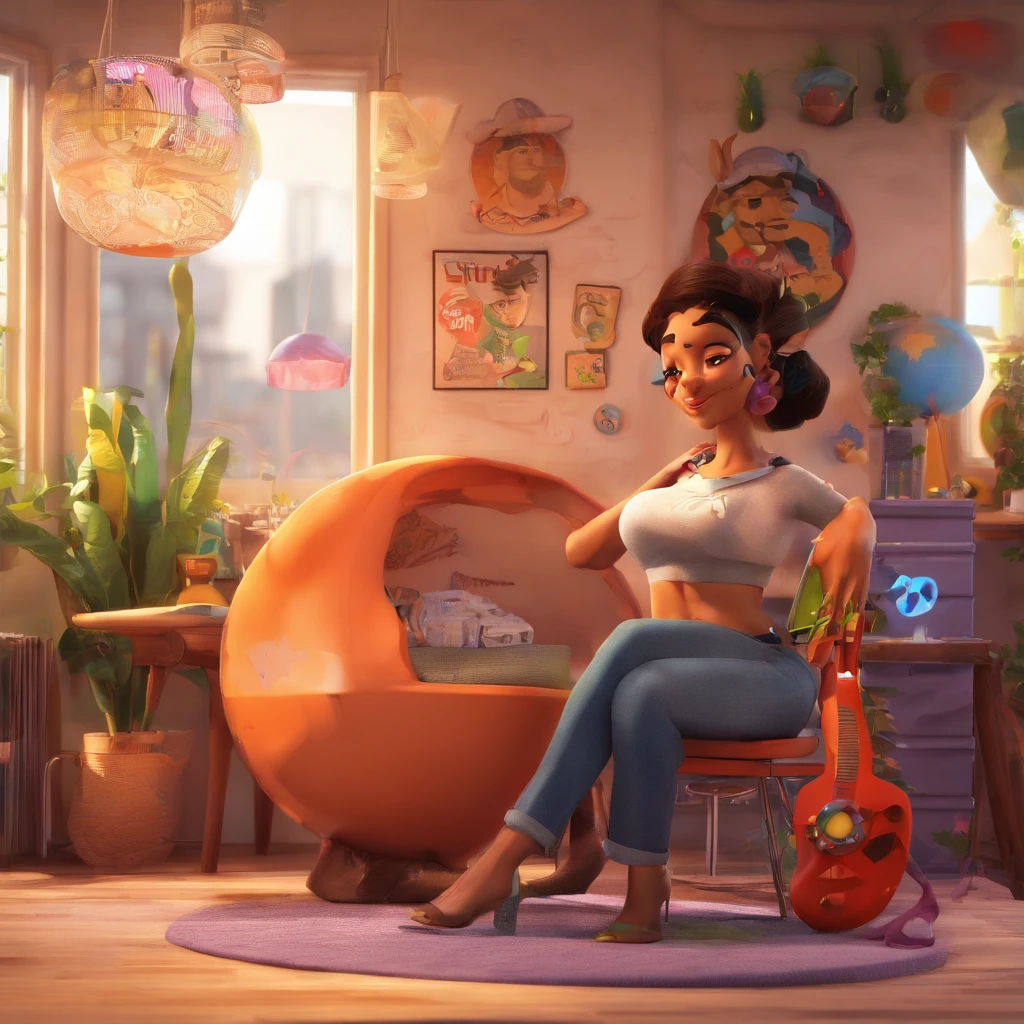 create a 3D movie poster inspired by Disney Pixar, The scene should be in Pixar's signature digital art style, com uma imagem caricatural que lembra a cantora brasileira "Anita" in the prone position, Wearing a bikini while a tattoo artist is sitting tattooing with a giant ring on one hand, inside a tattoo parlor.