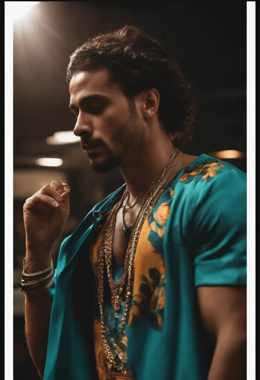 Imagem de um homem de costas, trajando roupa de rapper, e na camisa escrito Rapozzo.
