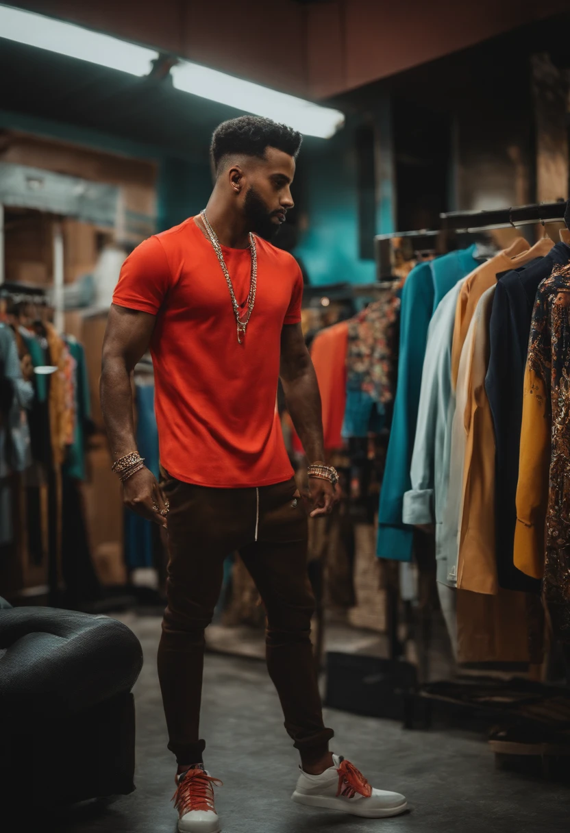 Imagem de um homem de costas, trajando roupa de rapper, e na camisa escrito Rapozzo.