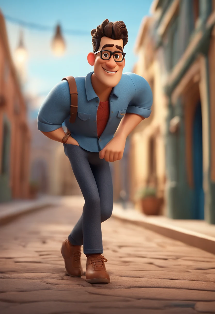 Cartoon character of a man with black glasses, cabelo cacheado marrom escuro e uma camisa azul, animation character, Caractere estilizado, animation style rendering, 3D estilizado, Arnold Maya render, 3 d render stylized, toon render keyshot, Personagem 3D, Personagem 3D, 3d rendering stylized, 3 d character render, personagem de desenho animado, Personagem de close up, Pose de personagem,  (Estilo Pixar) (master part:1.2) (Bokeh) (best quality) (pele detalhada) (textura detalhada) (8k) (argila) (Cinematic lighting) (foco nítido