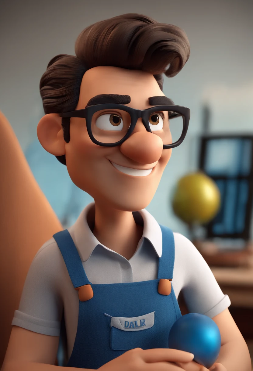 Cartoon character of a man with black glasses, cabelo cacheado marrom escuro e uma camisa azul, animation character, Caractere estilizado, animation style rendering, 3D estilizado, Arnold Maya render, 3 d render stylized, toon render keyshot, Personagem 3D, Personagem 3D, 3d rendering stylized, 3 d character render, personagem de desenho animado, Personagem de close up, Pose de personagem, (Estilo Pixar) (master part:1.2) (Bokeh) (best quality) (pele detalhada) (textura detalhada) (8k) (argila) (Cinematic lighting) (foco nítido