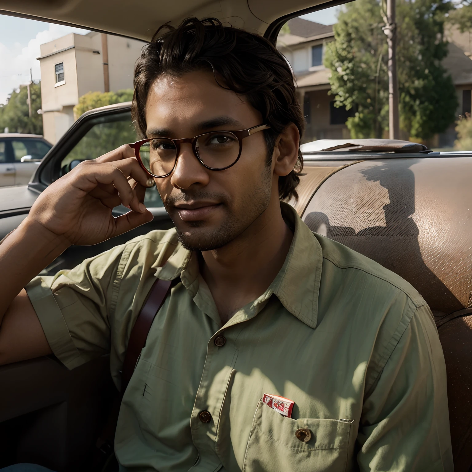 He is 34 years old, brown-skinned, light brown eyes, wears red braces and green glasses, and is wearing a button-down shirt and st filling up the car