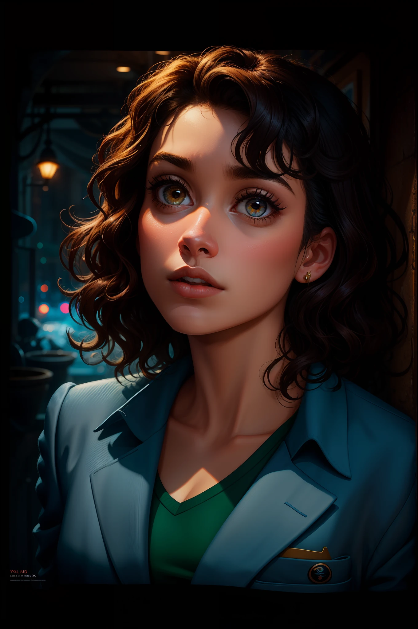 Disney Pixar style poster of young woman with short dark wavy hair, pele clara, olhos castanhos, boca carnuda, usando saia e blazer