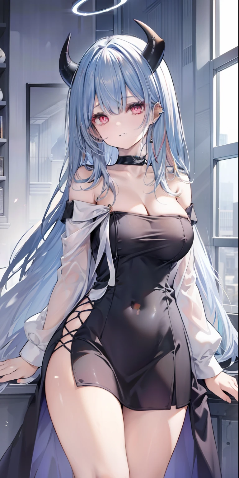 Human, 1girl, bangs, bare legs, black hair, black panties, breasts, choker, cleavage, closed mouth, demon horns, ear piercing, flower, halo, horns, indoors, kayoko \(blue file\), long hair, long sleeves, looking at viewer, multicolored hair, navel, piercing, red eyes, standing, smiling, alone, two-tone hair, ((outfit: cabo dress black)), vase, wariza, white hair, white shirt , to win