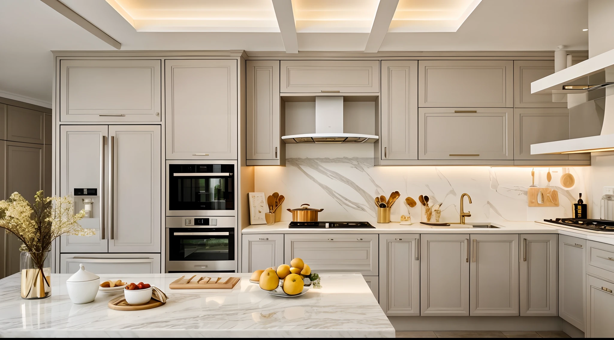 "Luxury, modern kitchenroom interior design with a bit of sophistication and elegance,style classic,ceiling light,decor table,fridge .",day, 8k uhd, dslr, soft lighting, high quality, film grain, Fujifilm XT3