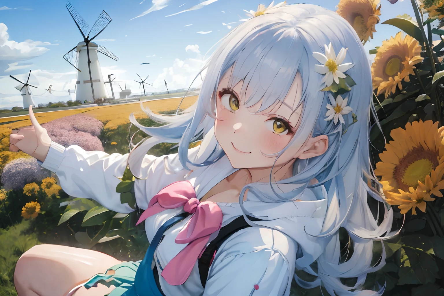 Fluffy light blue hair,Bangs center parting,pale yellow-green eyes,Pink and white and yellow and orange,Long-sleeved clothing with slightly longer sleeves,Larger hoodie,wearing skirt,Full of chrysanthemum flowers,You can see the windmill beyond the vast flower field,Leaning to the right,Smiling with a bouquet of chrysanthemums,full of sunlight,White clouds in blue sky,butterflys,a bird,a squirrel,bunny rabbit,red tide