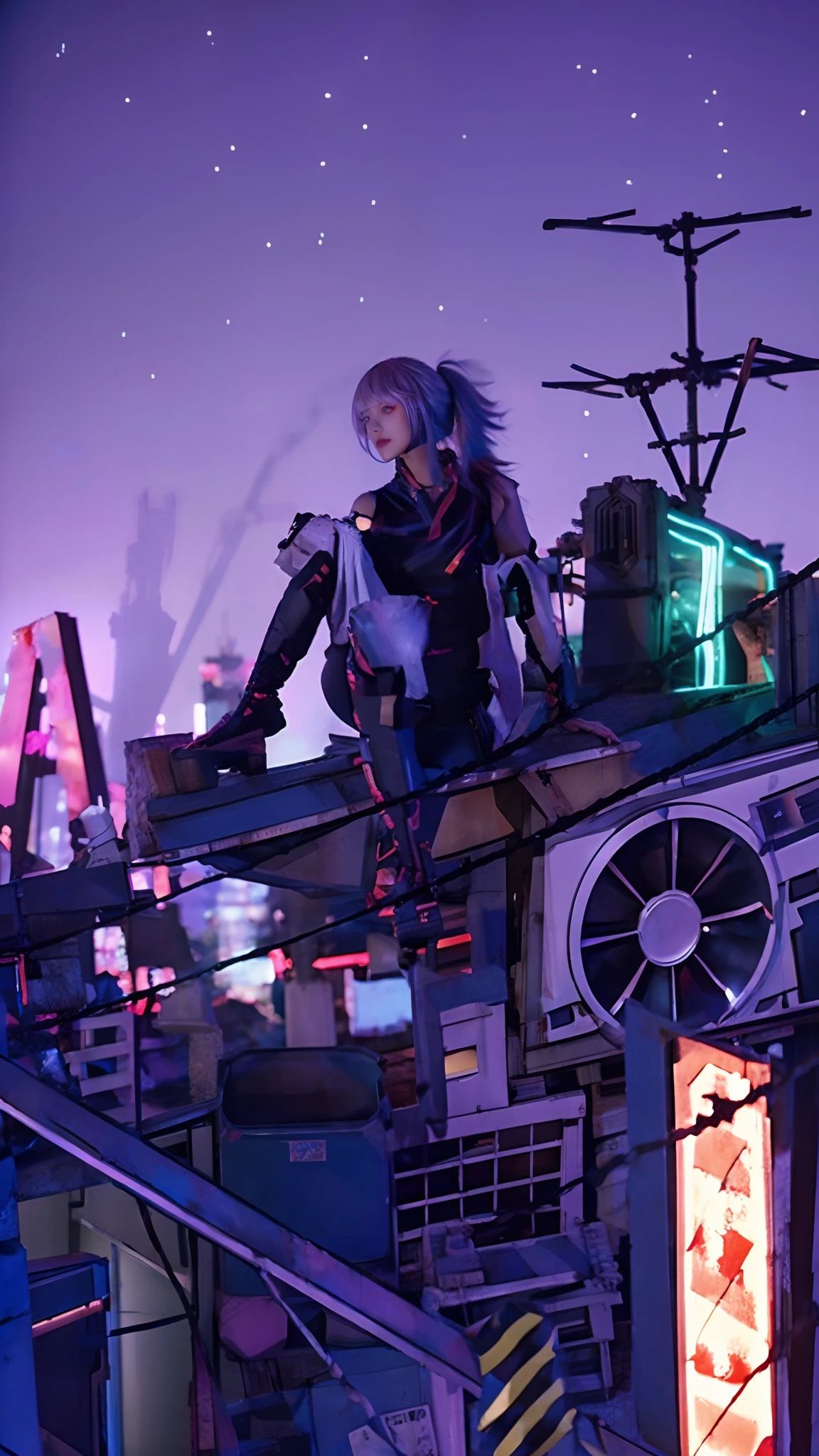 masterpiece、Top image quality、shot with Nikon Z9、realisitic、Live action、high-level image quality、细致背景、Cinematic lighting、Perfect lighting effects、Little girl sitting on the roof of a building with a neon sign, aesthetics, Digital Cyberpunk Anime Art, Modern cyberpunk, Cyberpunk Art, Cyberpunk Art, Digital Cyberpunk、art by, cyberpunk art style, Atmosphere, cyberpunked, lofi artstyle, girl sitting on a rooftop, mecha aesthetic,