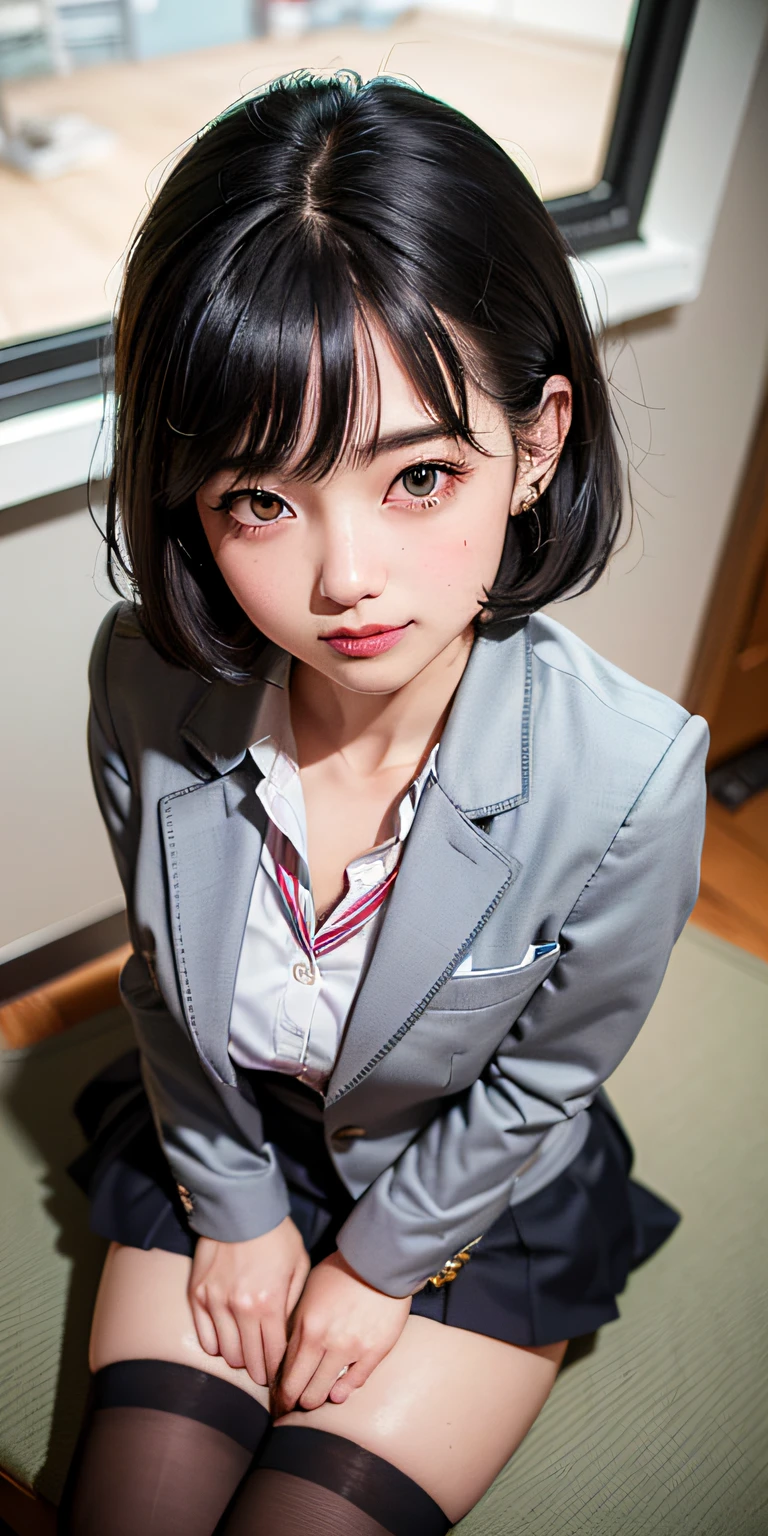 ((8k, RAW photos, top quality, masterpieces), high-definition RAW color photos professional close-up photos, (realistic, photorealism: 1.37), (highest quality), (best shadows), (best illustrations), collarbones ((big)), ((erotic, sexy, ultra high resolution, high-definition CG unified 8K wallpapers, physically based rendering, movie lighting), (aegyo sal:1), 18 year old girl, (grey blazer, ribbon, socks, high school uniform: 1.2), high school classroom, beautiful detail eyes, light on the face, ((full body shot: 1.2)), especially strong light, (upper eyes, grinning smile:1.2),shiny skin, (((black hair, bob hair:1.2))), ( thick thighs), ulzzang-6500-v1.1:0.2, shy, (flash:1.2), NSFW , (puffy), ((seductive posture: 1.2, attractive: 1.2)), (idle), (sitting at a desk in classroom: 1.2)), ((good anatomy: 1.2)), ((bright and refreshing classroom, background blurred: 1.2)), perfect face, cute face, (high angle shot:1.2)
