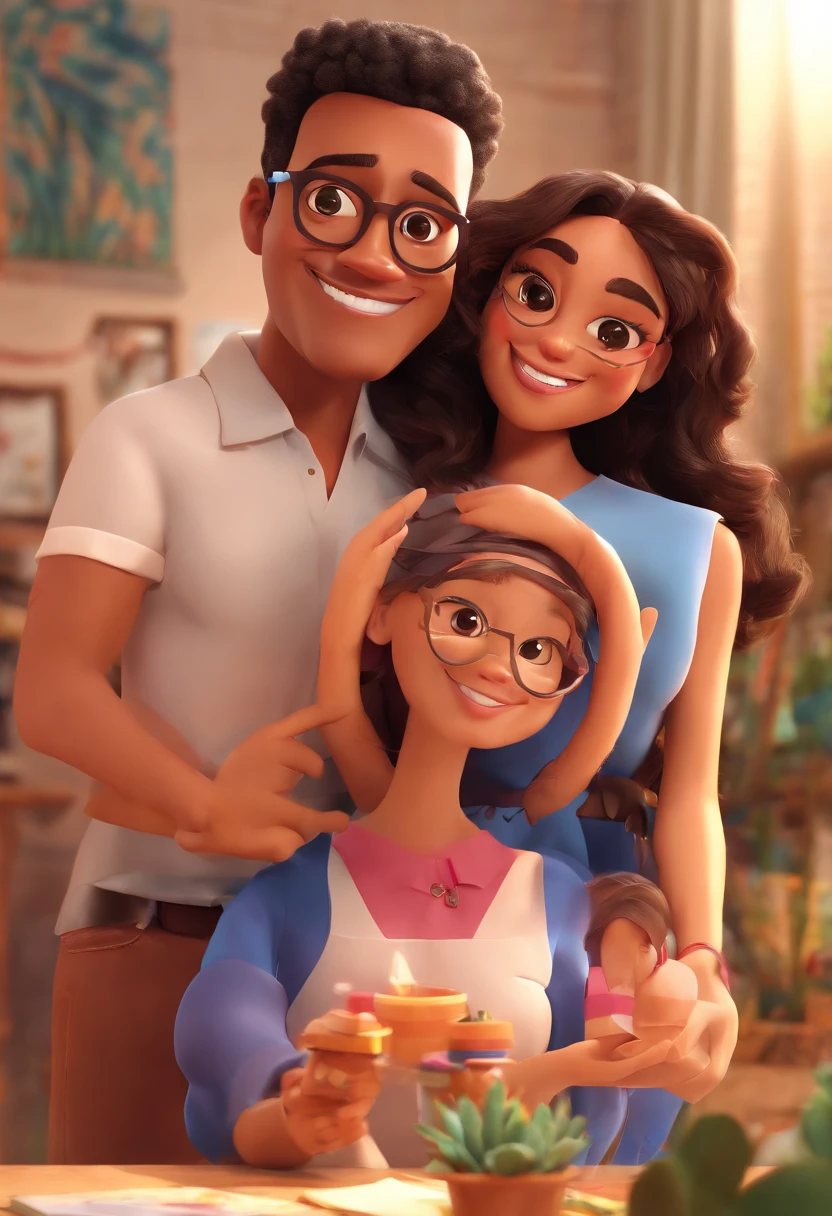 An illustration of an adorable couple, Highlighting a chubby mulatto man wearing glasses smiling and a brunette woman with beautiful expressive eyes - the man's skin is mulatto and the man's hair haswhile the woman's skin is black and the woman's hair is long and brown. They are a bright room, cada um com um sorriso no rosto, e compartilhar um momento especial caracterizado pelo amor, Insights. Illustrate this scene from a perspective where they are facing the camera, Smiling and Showing Your Connection. Desenvolva esta arte em Full HD, Focus on your cinematic touch, Estilo Disney Pixar Animations