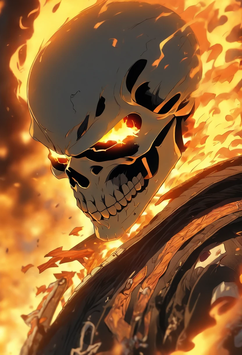 (RAW Photo, Best Quality), (Realistic, Photorealistic Photo: 1.3), Best Quality, Highly Detailed, Masterpiece, Ultra Detailed, Illustration, ghost rider, burning skull, black jacket, black jeans, black shoes, epic background, standing like ghost rider, upper body, ghost riders costume, Best Quality, Extremely Detailed CG Unified 8k Wallpaper, Ink, Amazing, badass look, portrait, close up (skull texture), intricately detailed, fine details, hyperdetailed.