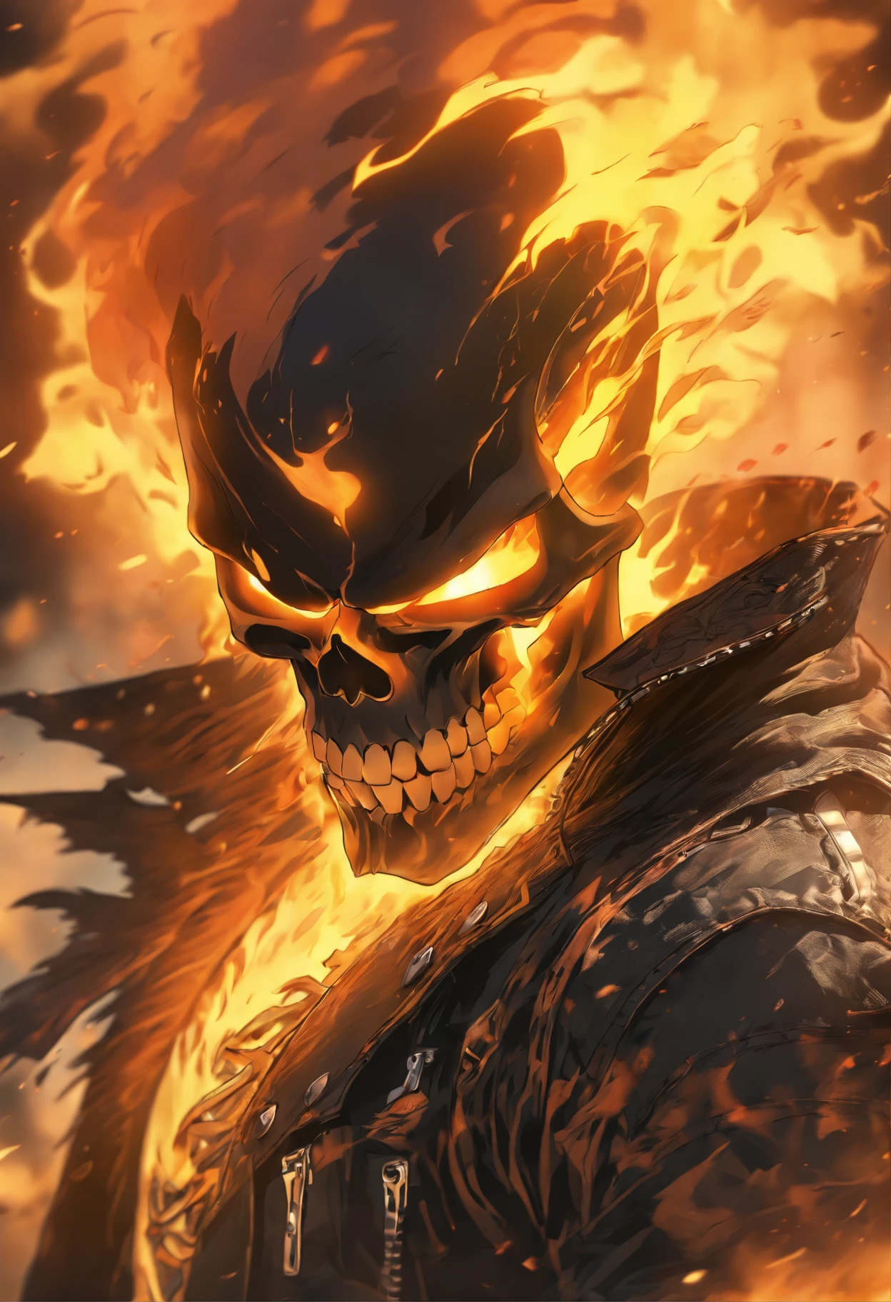 (RAW Photo, Best Quality), (Realistic, Photorealistic Photo: 1.3), Best Quality, Highly Detailed, Masterpiece, Ultra Detailed, Illustration, ghost rider, burning skull, black jacket, black jeans, black shoes, epic background, standing like ghost rider, upper body, ghost riders costume, Best Quality, Extremely Detailed CG Unified 8k Wallpaper, Ink, Amazing, badass look, portrait, close up (skull texture), intricately detailed, fine details, hyperdetailed.