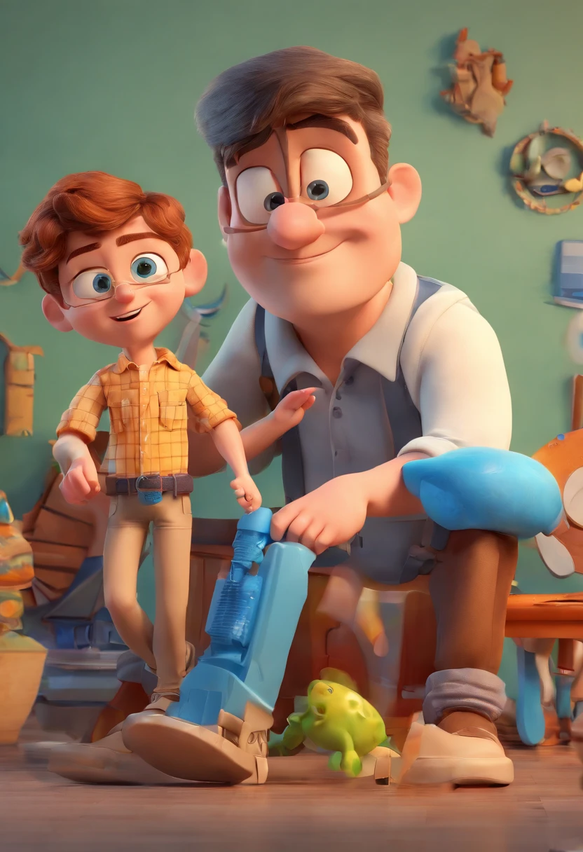 Estilo Pixar: The grown man is holding a naked blue-eyed boy and in his other hand he is holding a pair of scissors and is trying to cut off the boy's testicles,3D Poster,Disney