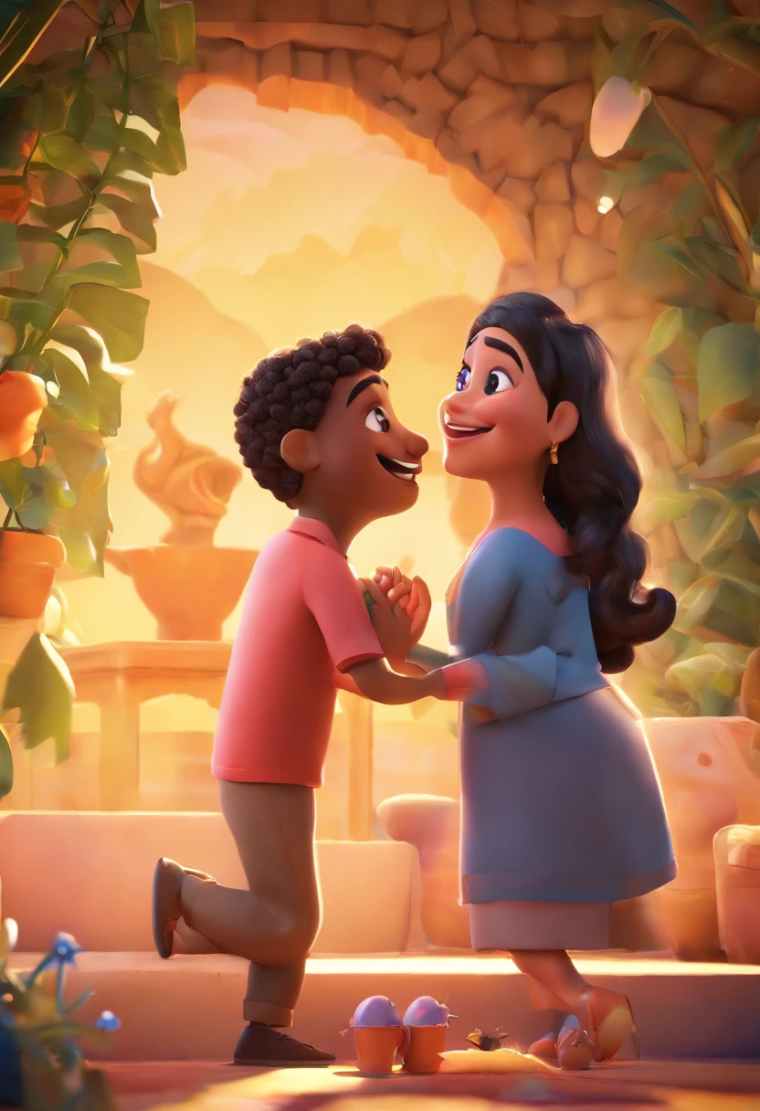 An illustration of an adorable couple, Highlight for a chubby mulatto man and a brunette woman with beautiful expressive eyes - the man's skin is mulatto and the man's hair haswhile the woman's skin is black and the woman's hair is long and brown. They are a bright room, cada um com um sorriso no rosto, e compartilhar um momento especial caracterizado pelo amor, Insights. Illustrate this scene from a perspective where they are facing the camera, Smiling and Showing Your Connection. Desenvolva esta arte em Full HD, Focus on your cinematic touch, Estilo Disney Pixar Animations