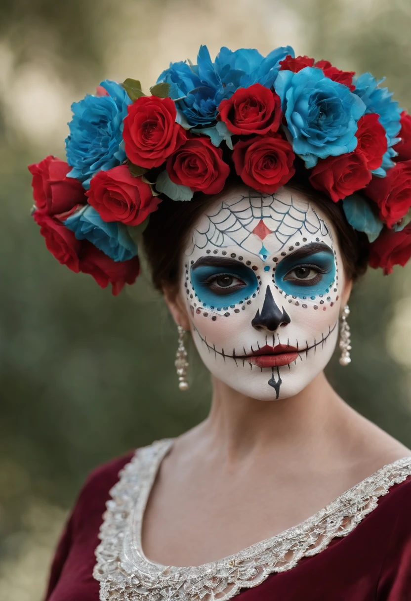 crea una foto de una Catrina se alza con una majestuosidad que deslumbra. Su rostro es un lienzo de arte, con una piel tan blanca como la cal y ligeramente empolvada. Sus ojos, profundos y azules como zafiros, destacan en contraste con la palidez de su tez. His eyebrows are perfectly arched, adding expression to her intense gaze. Instead of empty basins, sus ojos azules centellean con un misterio encantador.

Her nose and cheekbones are delicately sculpted, enhancing the harmony of your face. Sus labios, of a seductive crimson, They form an enigmatic smile that seems to hide millenary secrets. A wreath of flowers and skulls adorns her head with elegance and sophistication. Cada detalle en su vestido es una obra de arte, with intertwined floral and skeletal patterns in a play of contrasts that captures the essence of life and death.

The Catrina in front of me stands tall, emanando una gracia y elegancia innegables. Its beauty is unique and alluring, and her presence evokes the duality of the celebration of life and death that La Catrina represents in Mexican culture.
